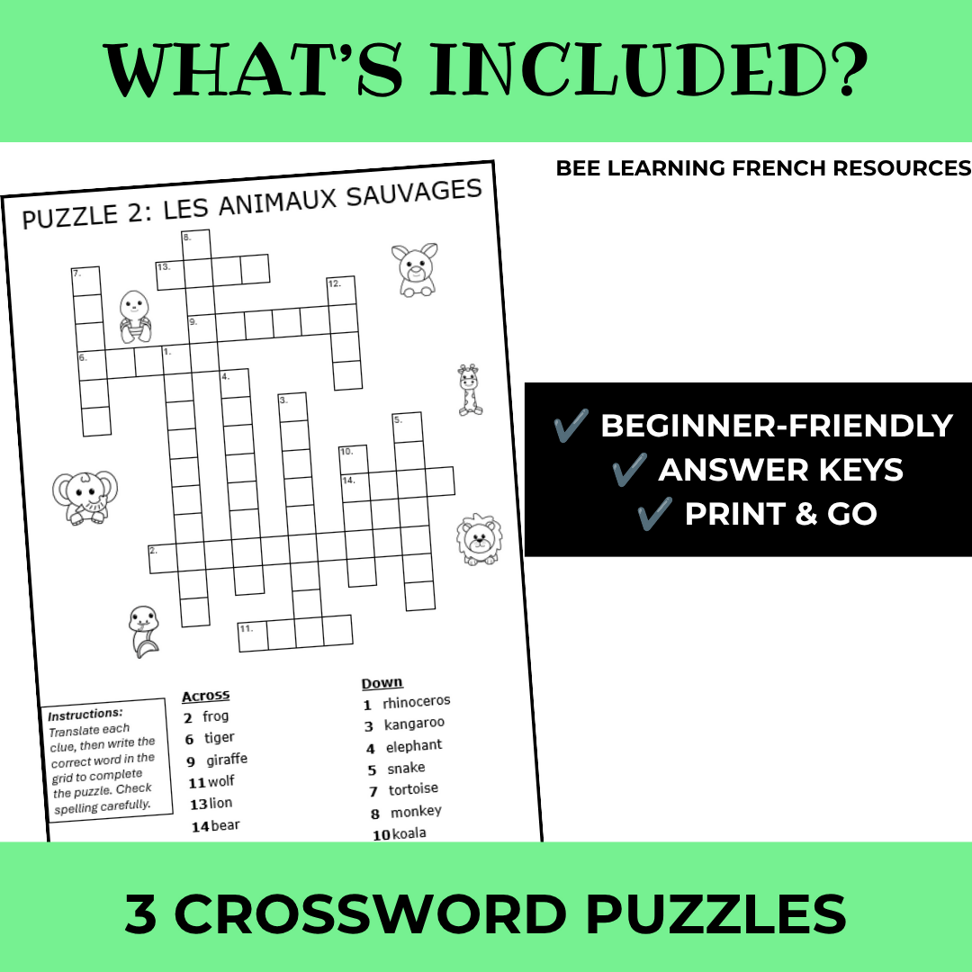 French Animals Vocabulary Activities | Les Animaux Criss Cross Puzzles | Year 7–8