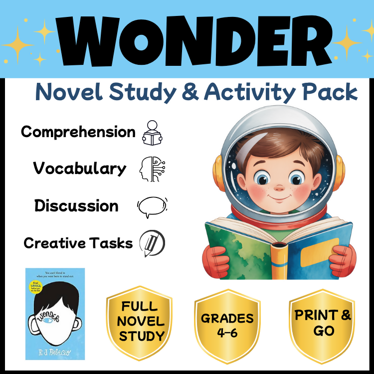Wonder Novel Study Activities & Worksheets PDF | Reading Comprehension Questions | Grade 4 5 6 Literacy Unit