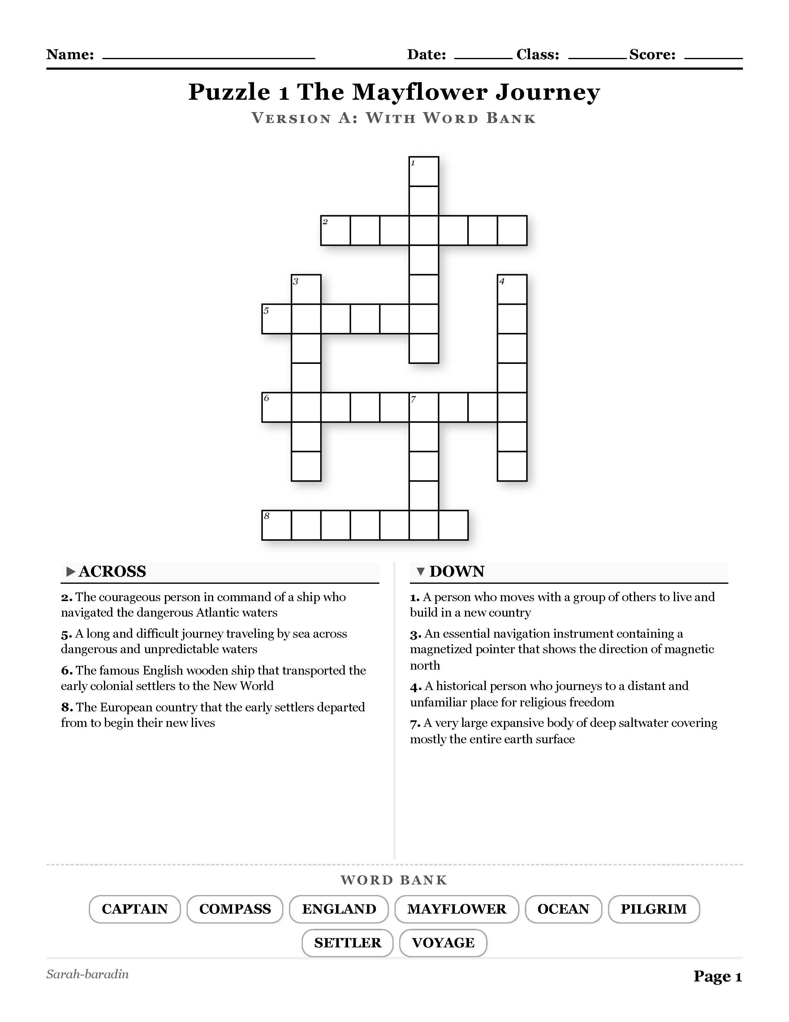 The First Thanksgiving History Crosswords with Word Bank