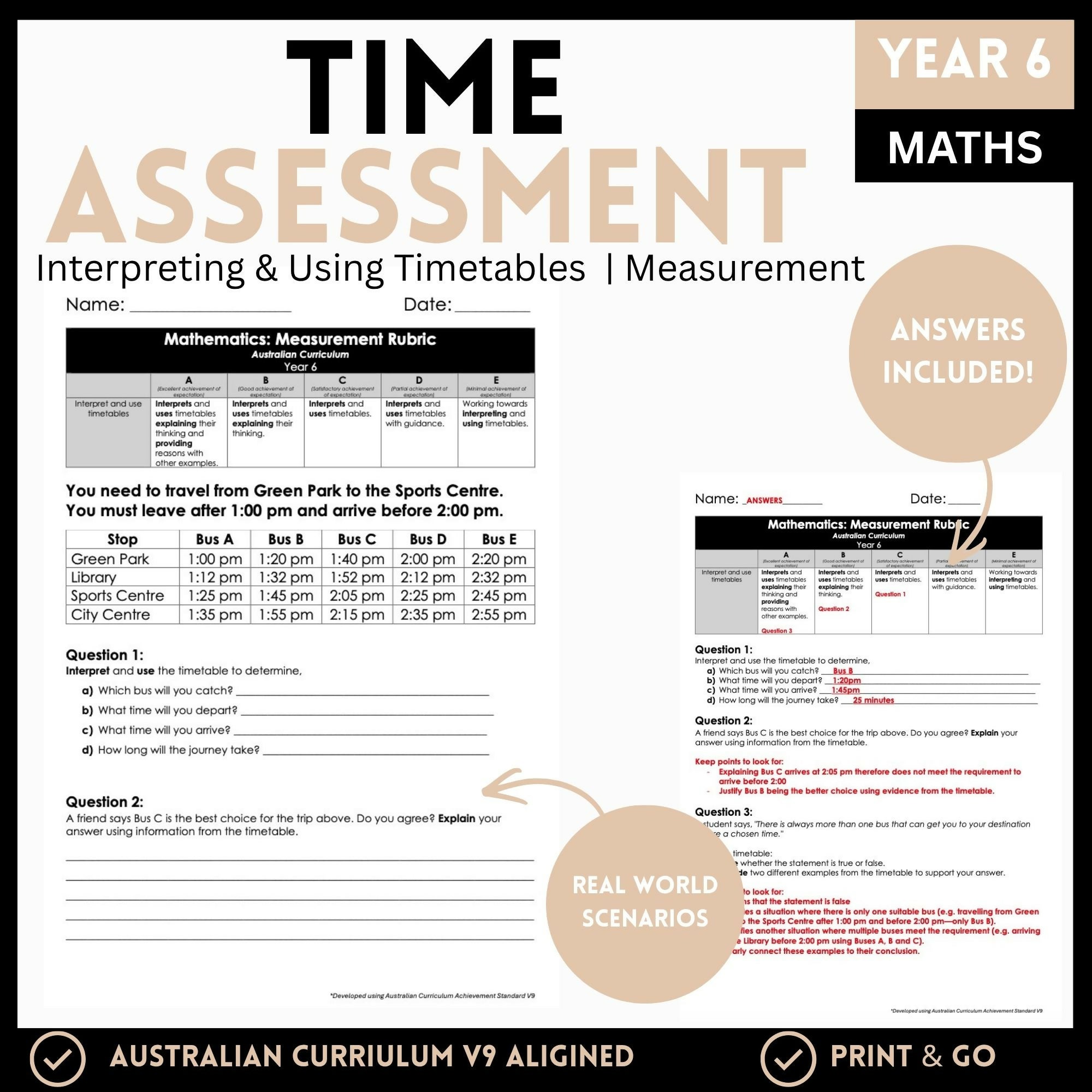 Year 6 Maths Time Assessment | Timetables | Australian Curriculum V9