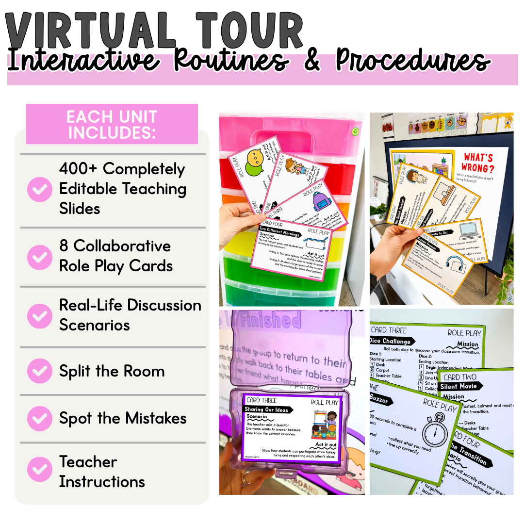 Back to School Routines and Expectations Virtual Classroom Tour with Collaborative Role Play Cards I EDITABLE