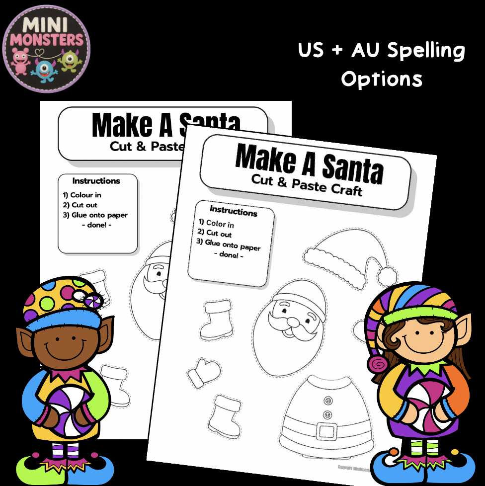 Prep Year 1 Year 2 Christmas Cut and Paste Crafts Santa Elf Reindeer Snowman Gingerbread
