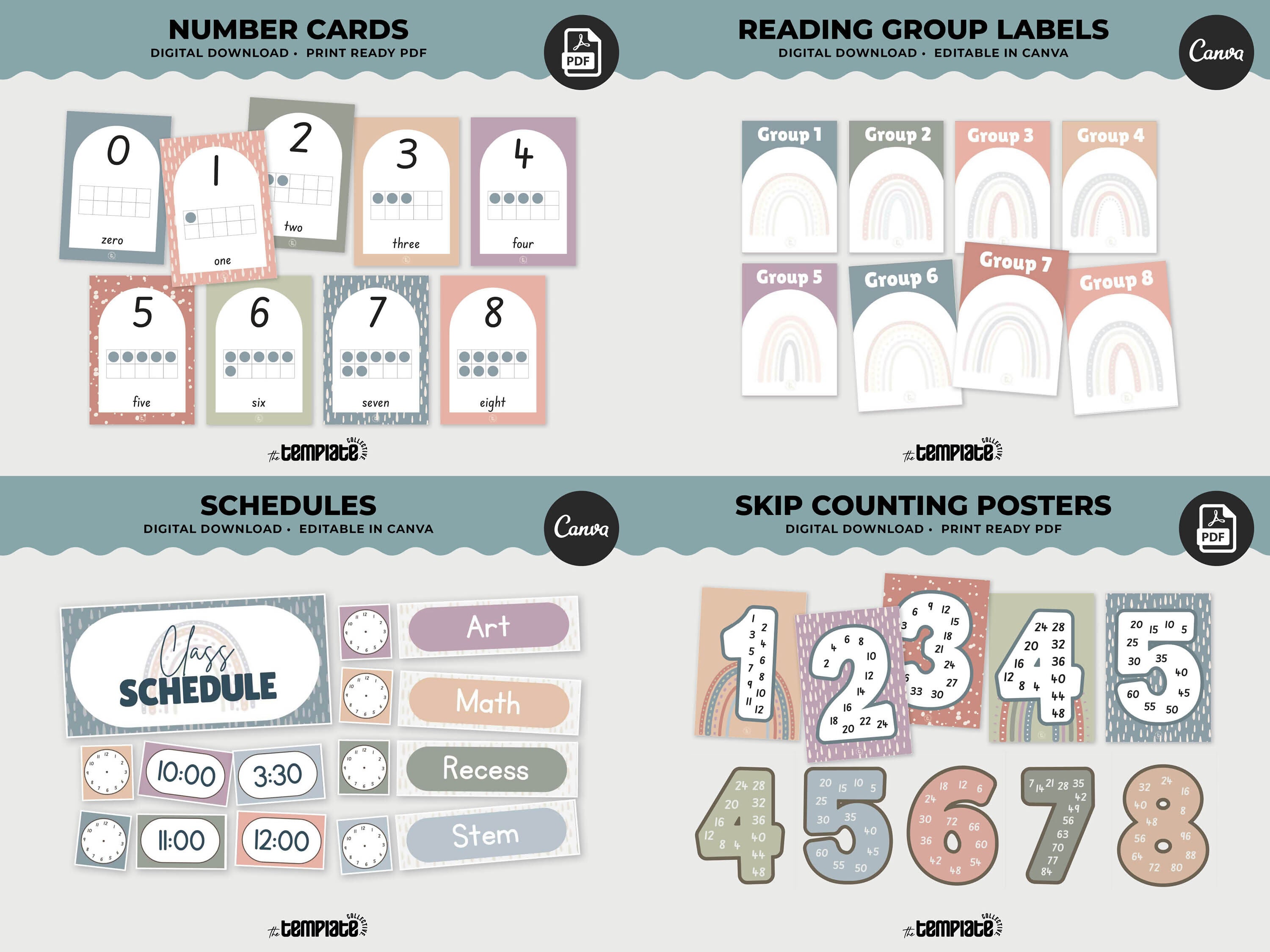 Hushed Horizons Classroom Decor Bundle • Pastel Boho Rainbow Theme • Bulletin Board Decor • Teacher Resources • Editable & Printable