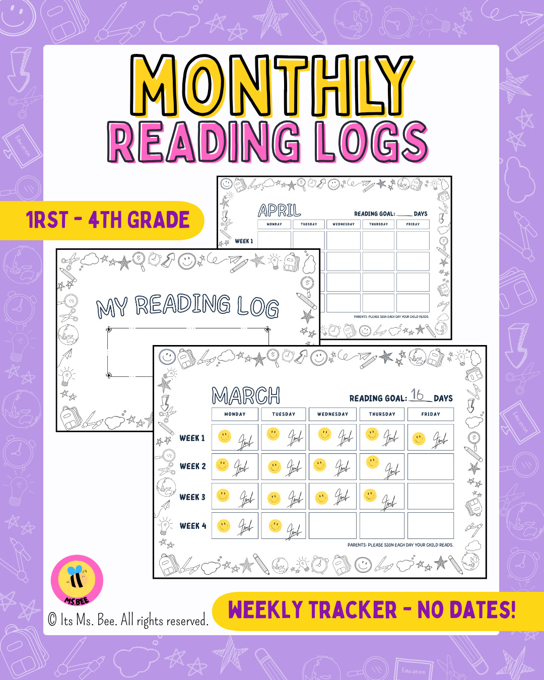 Monthly Reading Log | Parent Signature | Weekly Tracker
