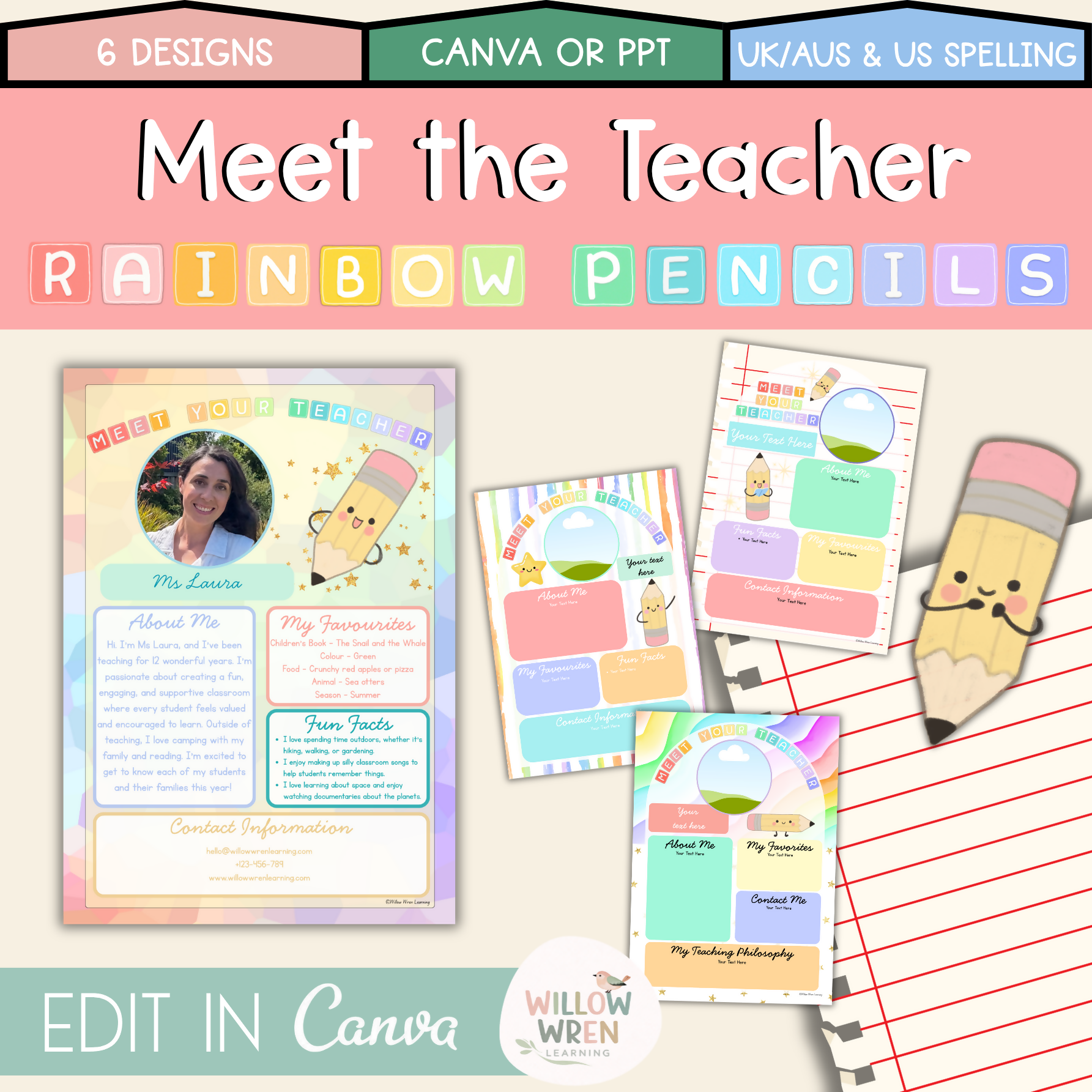 Rainbow Pencils Meet the Teacher | Editable Back to School Classroom Decor