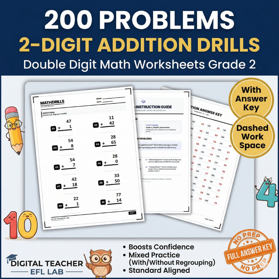 200 Problems 2-Digit Addition Drills | Double Digit Math Worksheets Grade