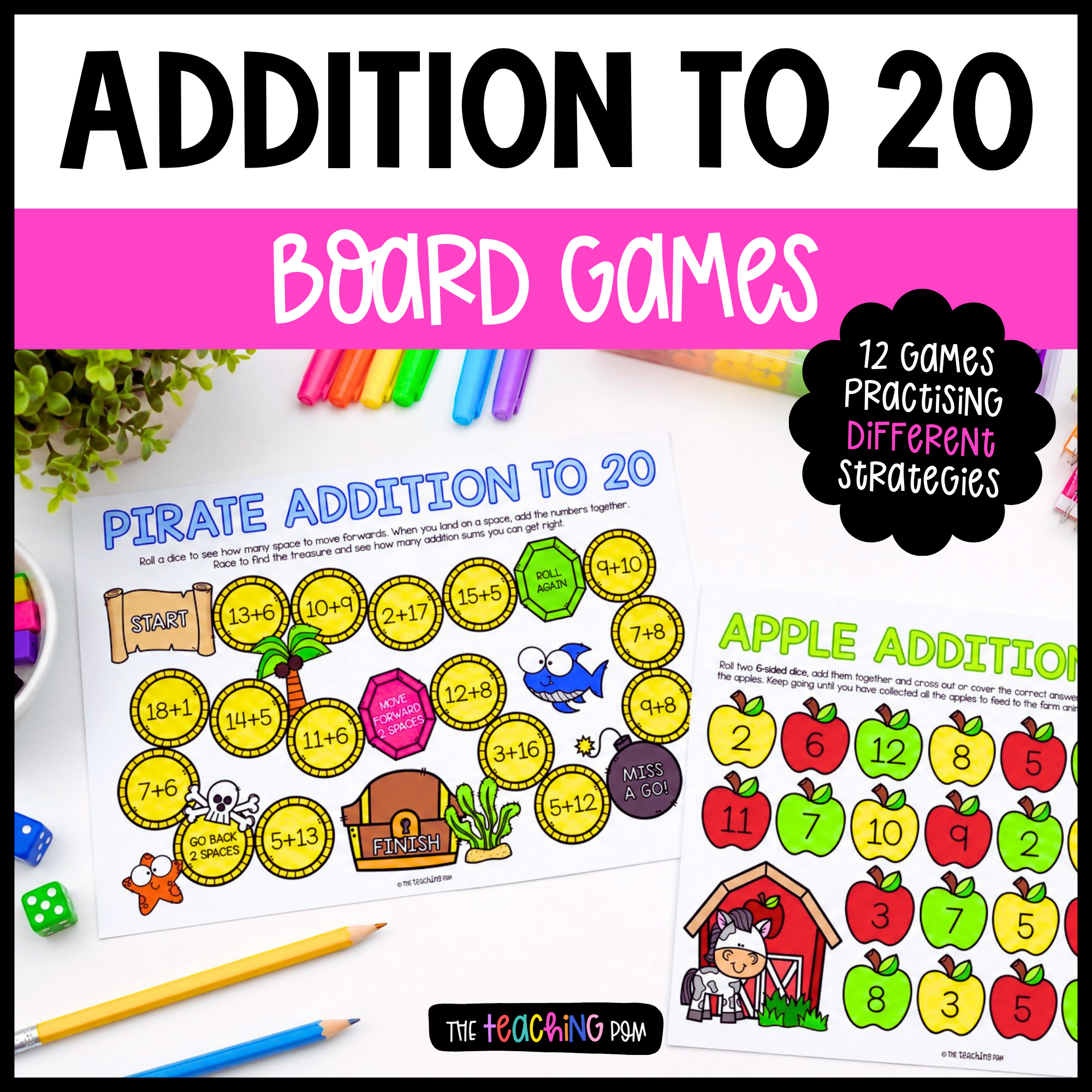 Addition to 20 Board Games | Addition Strategy Games | Math Centers | Addition to 10 & 20 Fluency Practise