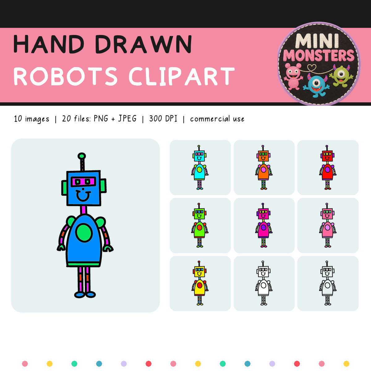 Robots Clipart Set 1 | 10 Designs 20 Files | Colour and Blackline | Hand Drawn | Commercial Use