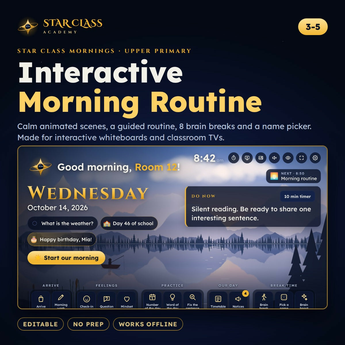 Morning Meeting & Routine Display | Brain Breaks + Word of the Day | Ages 8-11
