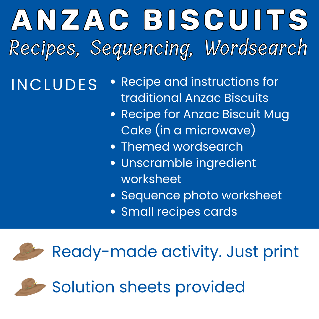 ANZAC biscuit recipe activity worksheets