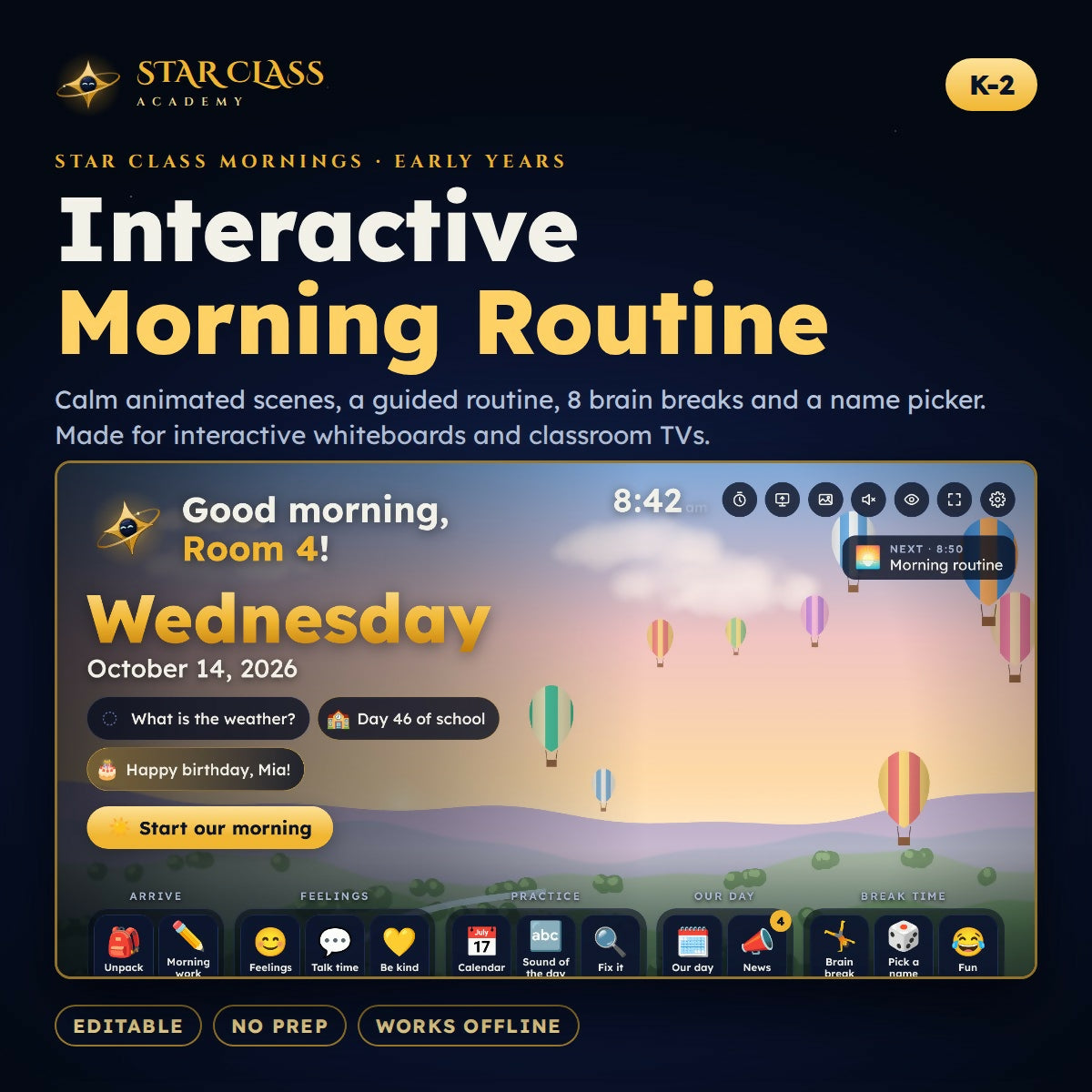 Morning Meeting & Routine Display | Brain Breaks + Name Picker | Ages 5-8