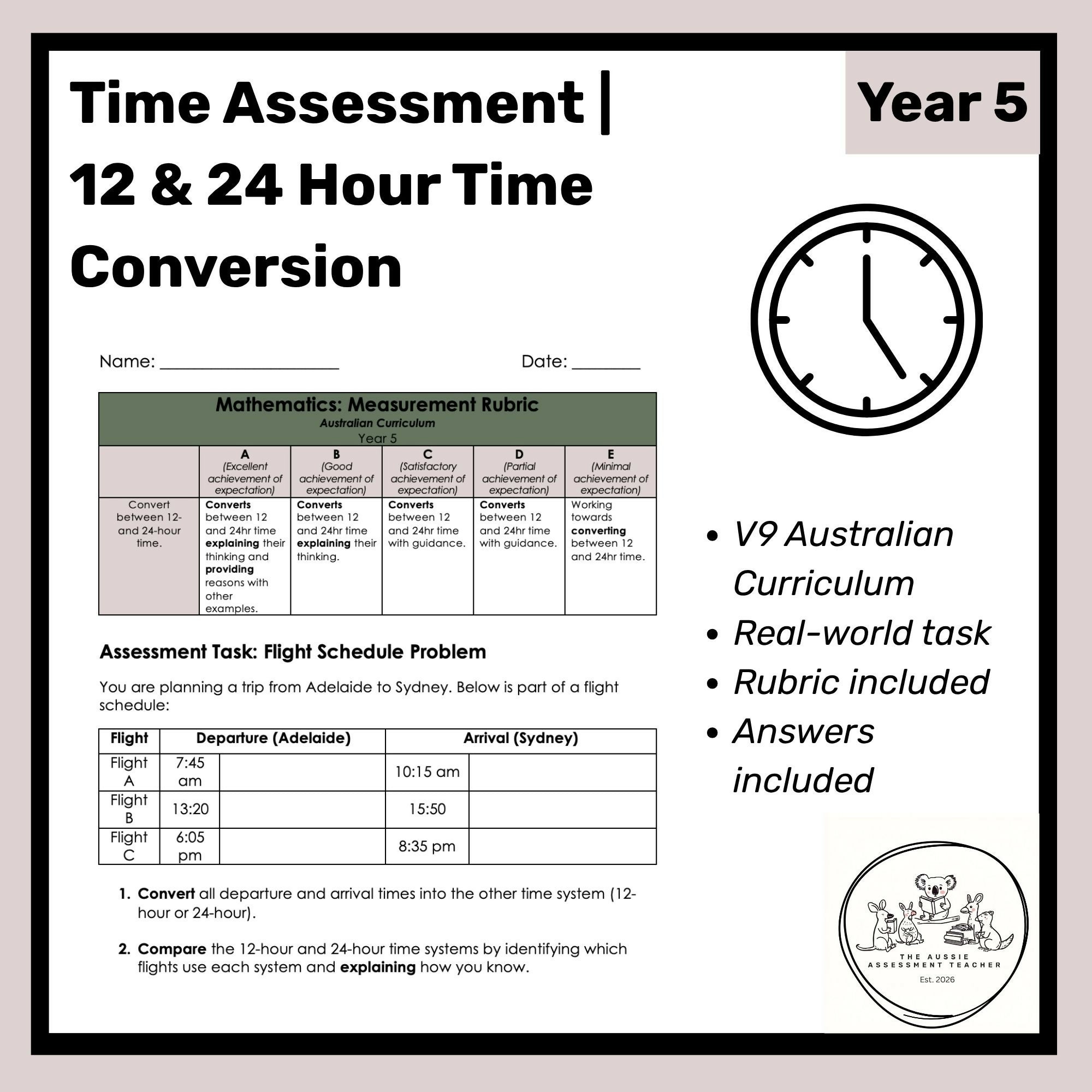 Year 5 Maths Time Assessment | 12 & 24 Hour Time Conversion | Aus Curriculum