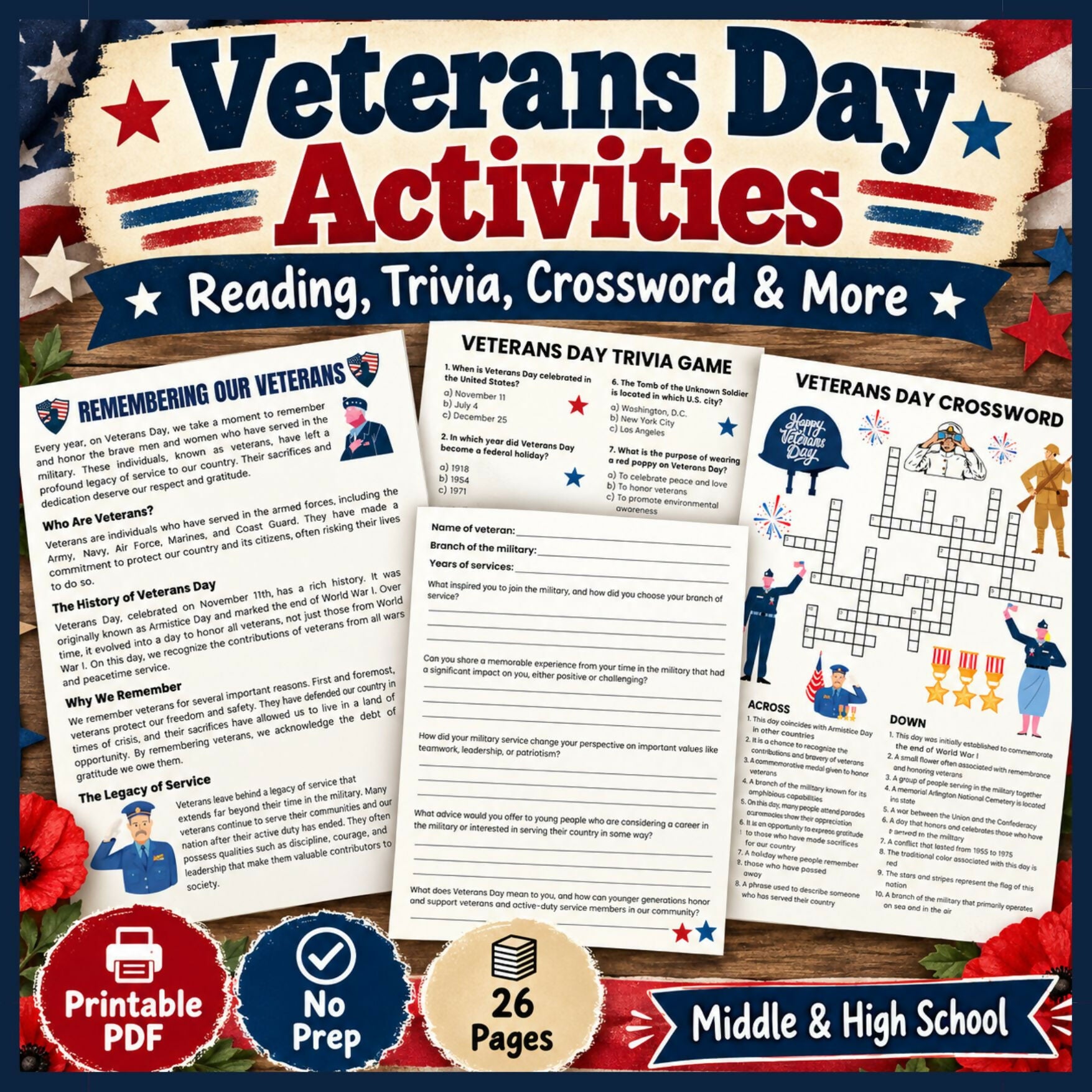 Veterans Day Reading Comprehension & Activities | Trivia, Crossword, Word Search, Timeline & More | Middle & High School