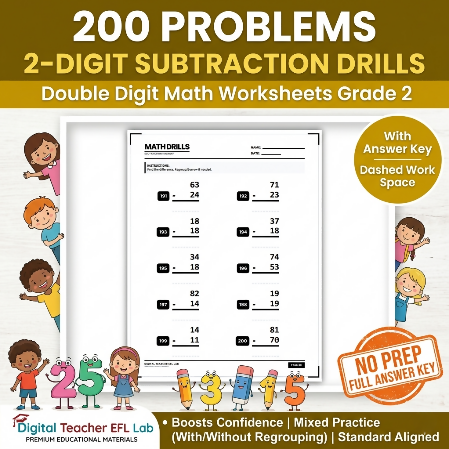 200 Problems 2-Digit Subtraction Drills | Double Digit Math Worksheets Grade 2