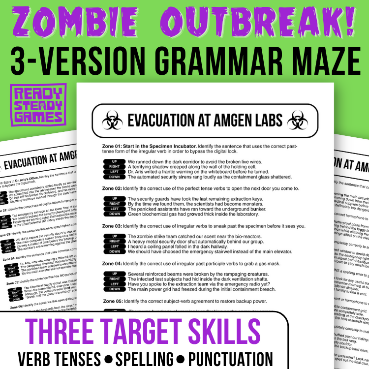 Zombie Outbreak! Grammar Maze | Self-Checking English Game | 3 Versions | Years 5–6