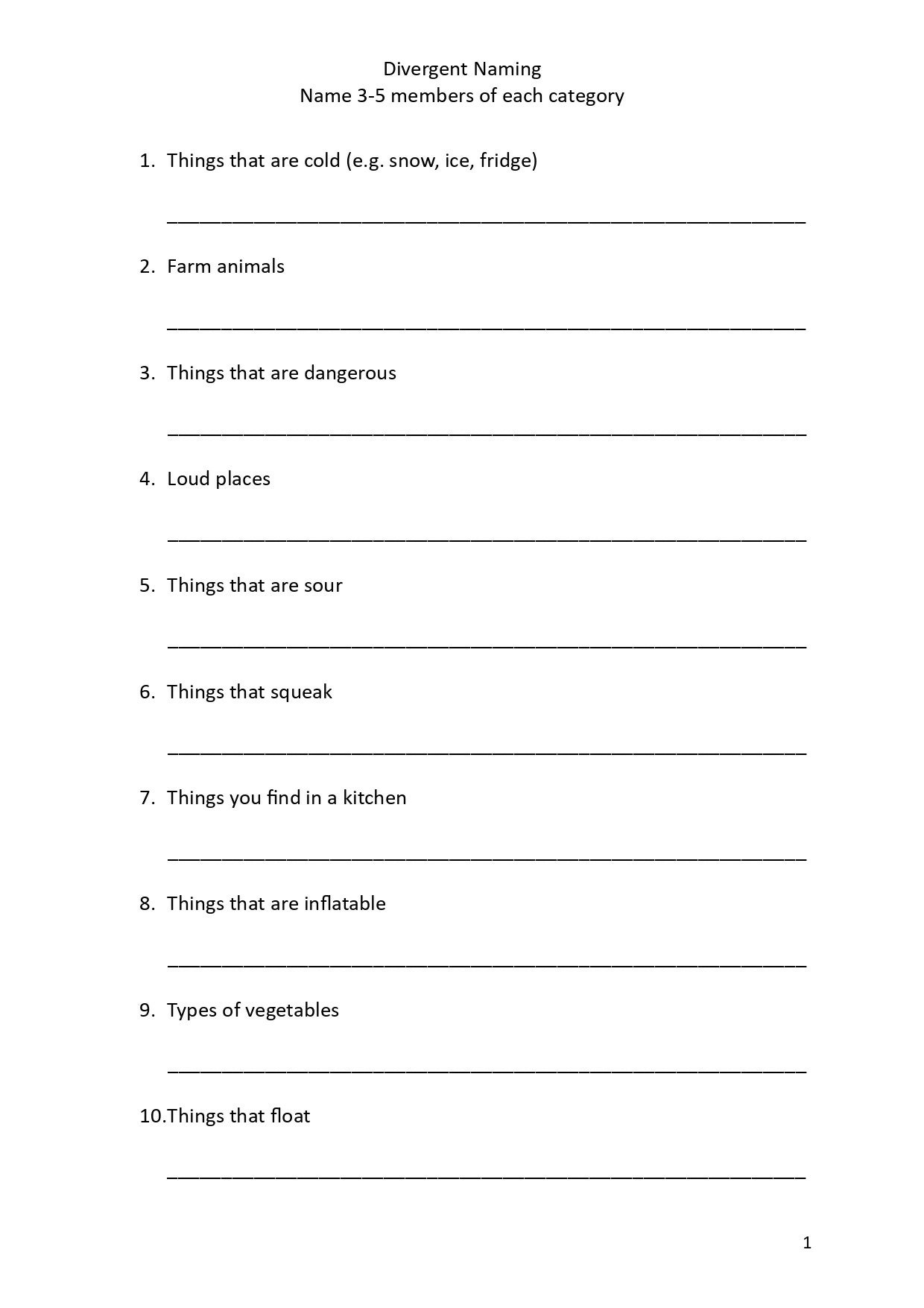 Divergent Naming activity - word retrieval, vocabulary, speech therapy