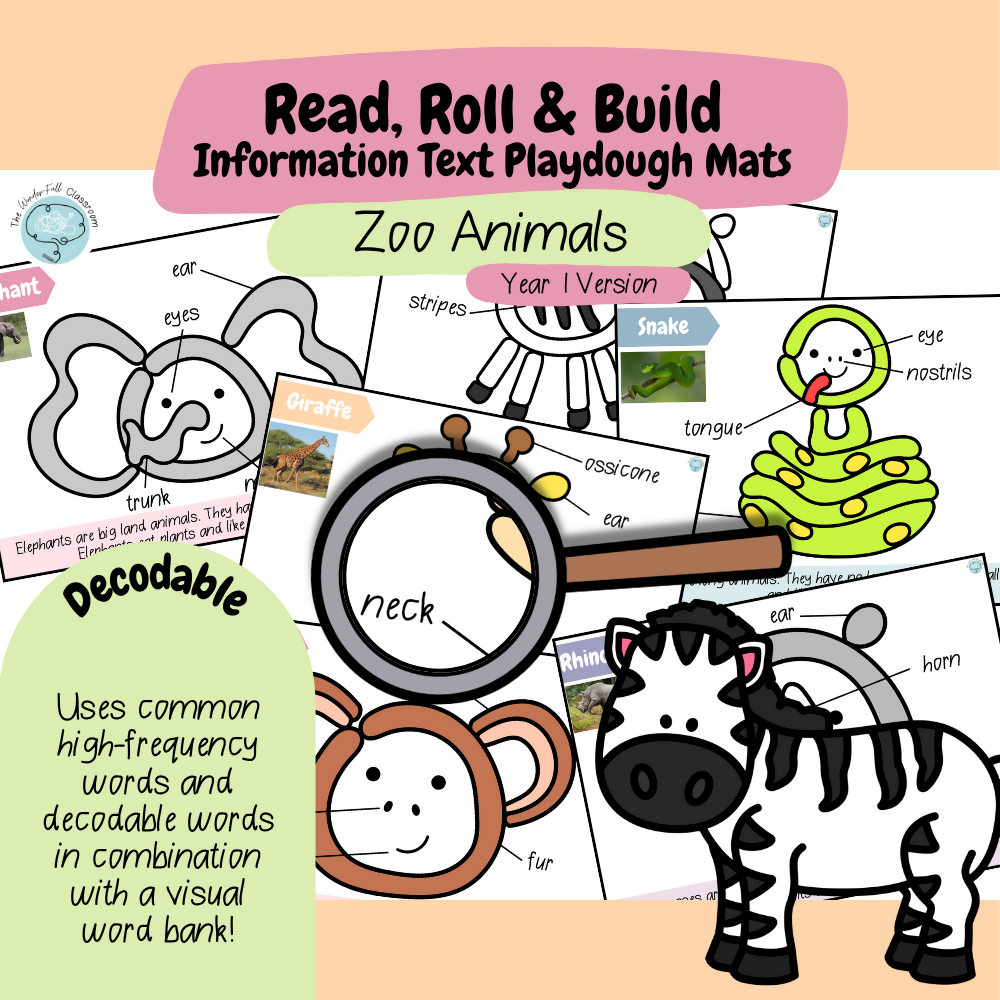 Read, Roll & Build | Year 1 Information Text Playdough Mats | Zoo Animals