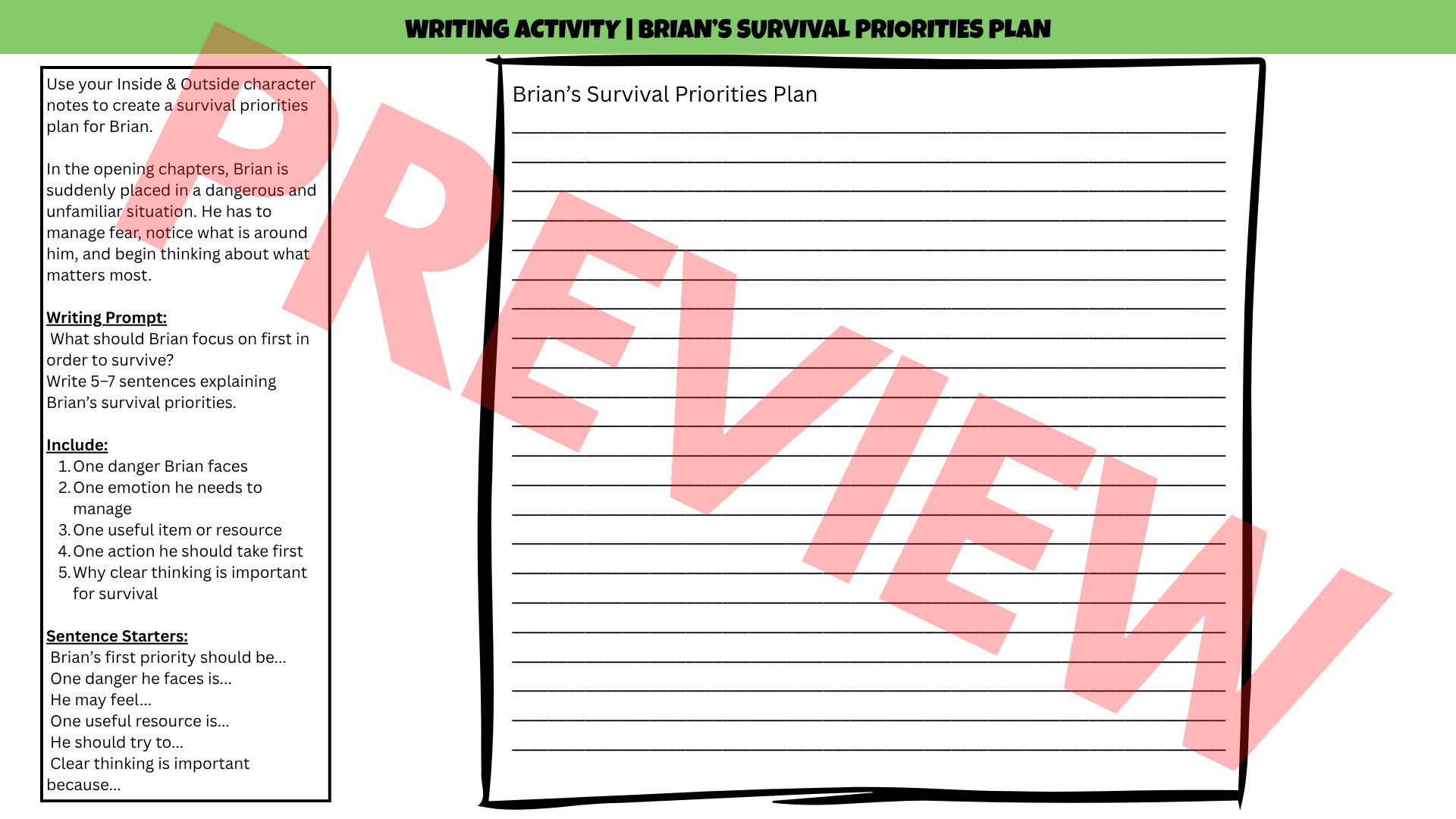 Hatchet No-Prep Sub Plan | Novel Study Literacy Lesson | Years 5–8 PDF |