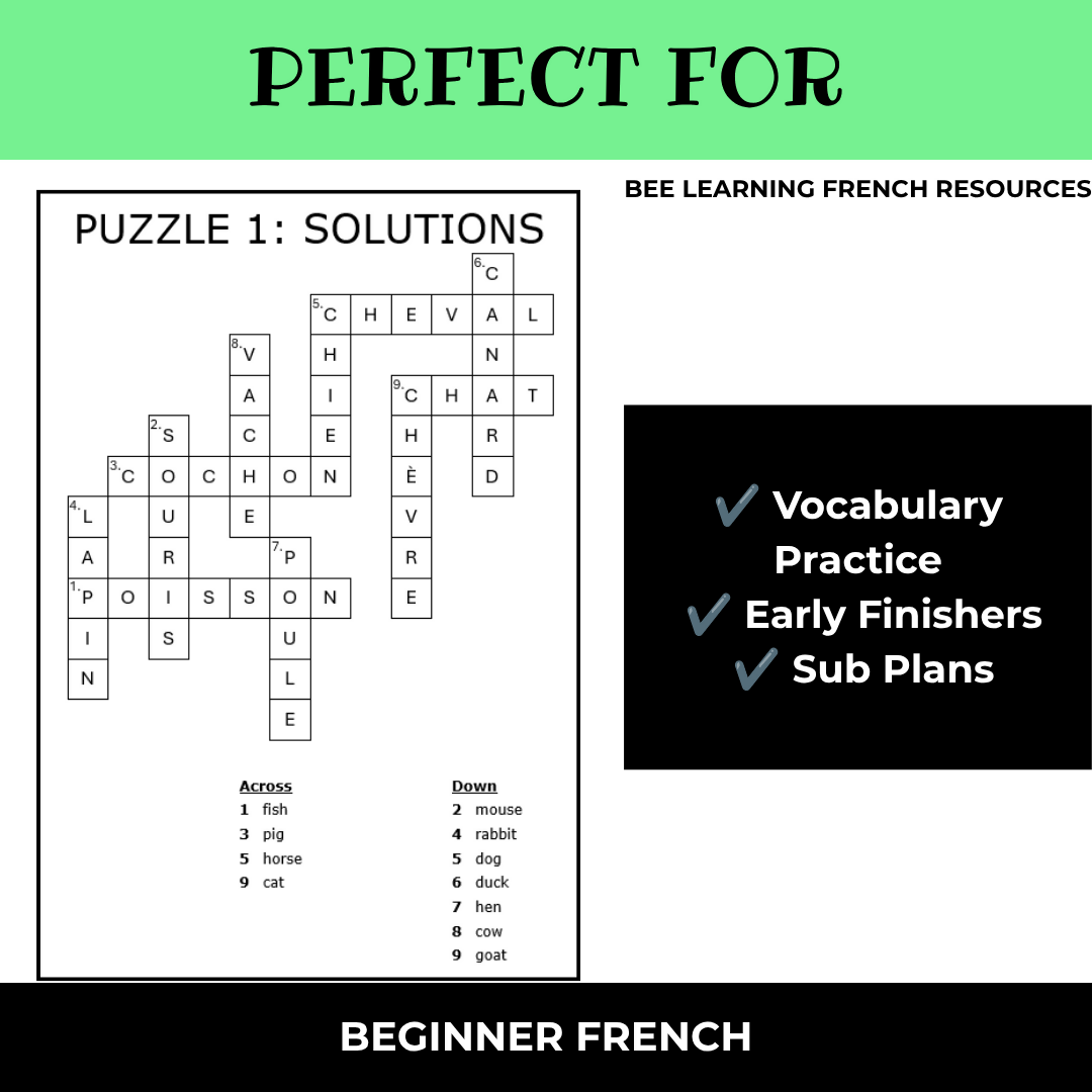 French Animals Vocabulary Activities | Les Animaux Criss Cross Puzzles | Year 7–8