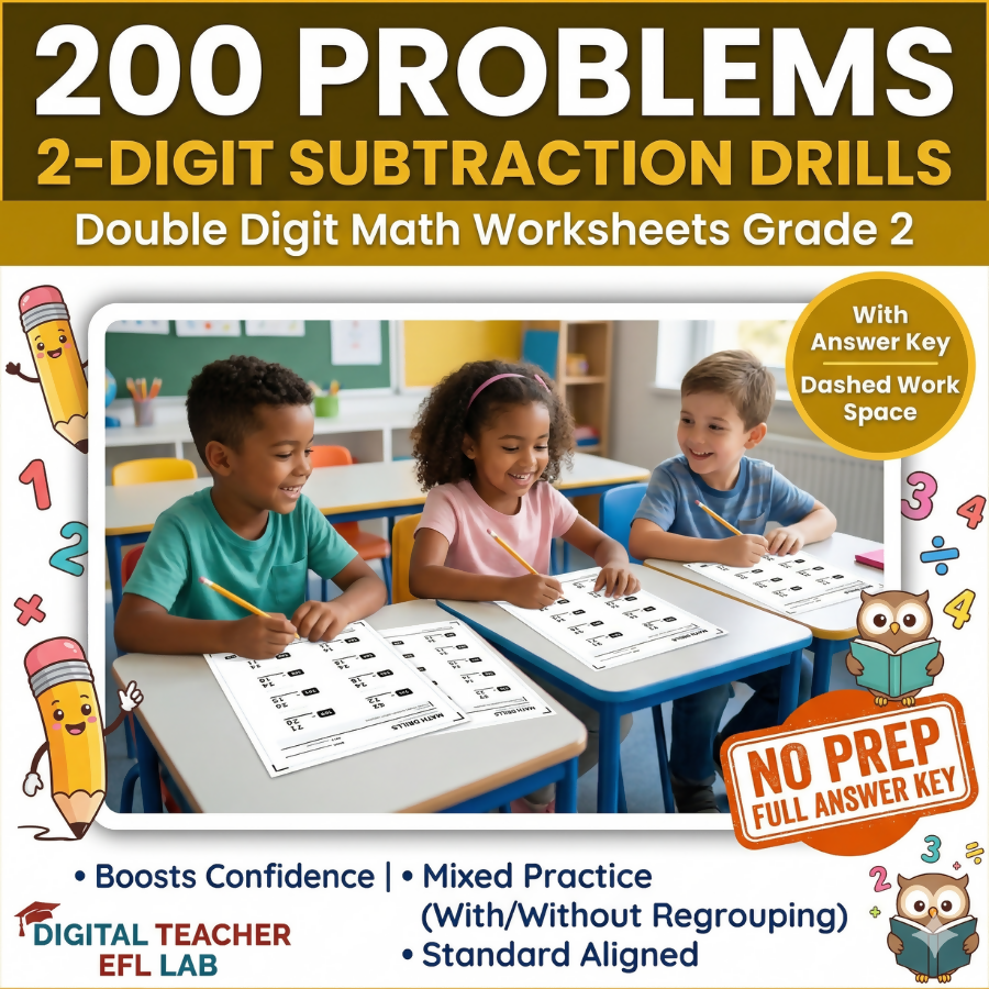 200 Problems 2-Digit Subtraction Drills | Double Digit Math Worksheets Grade 2
