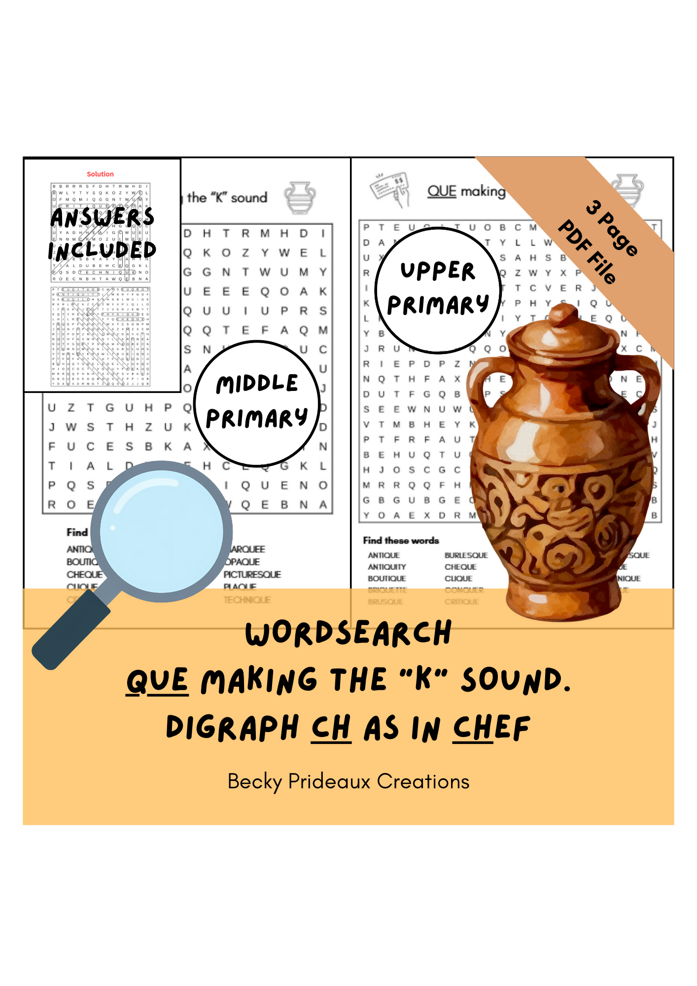 Wordsearch : Trigraph QUE making the /k/ sound as in ANTIQUE