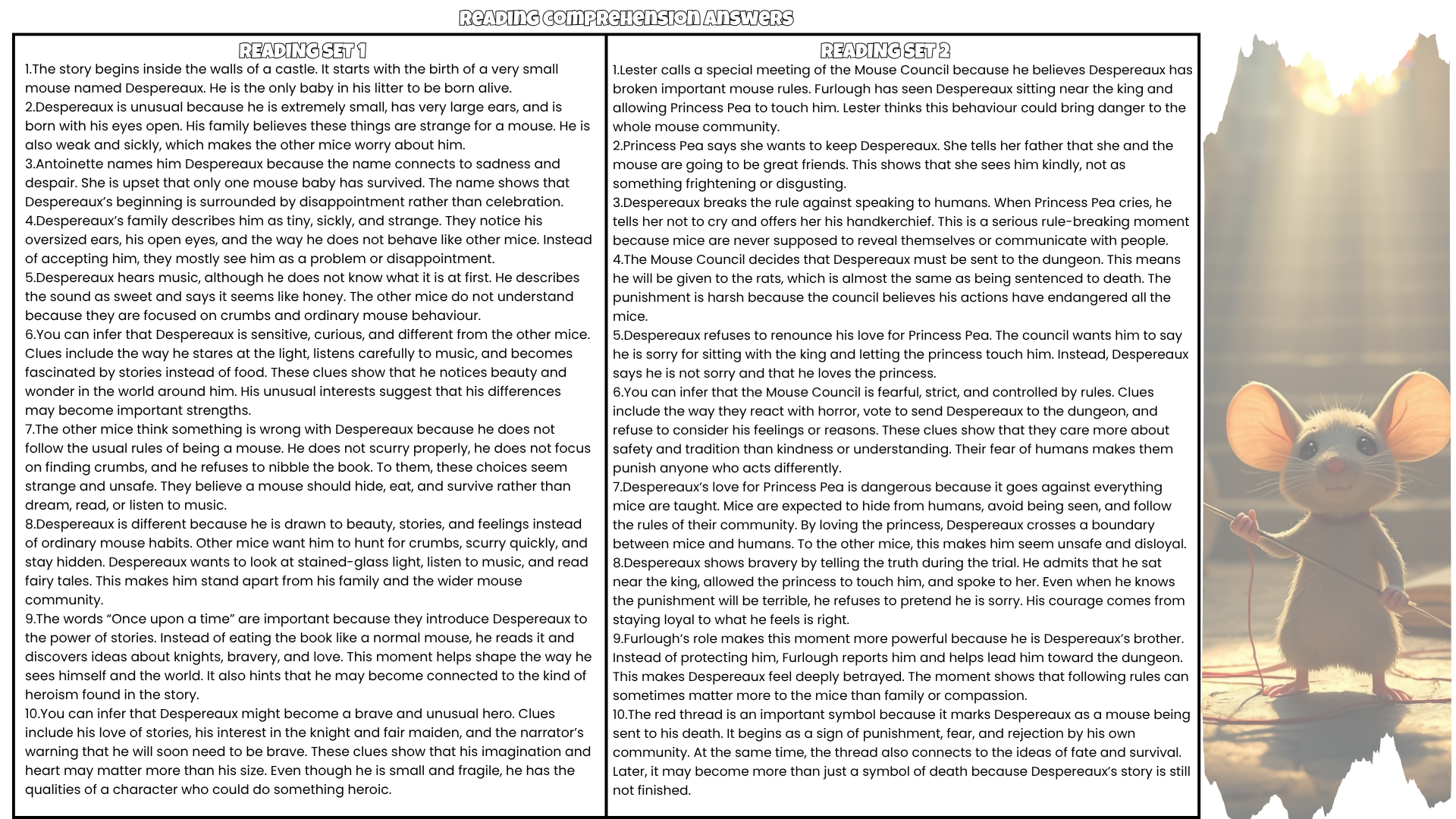 The Tale of Despereaux Reading Comprehension Questions PDF | 100 Questions + Answer Key | Years 2–5