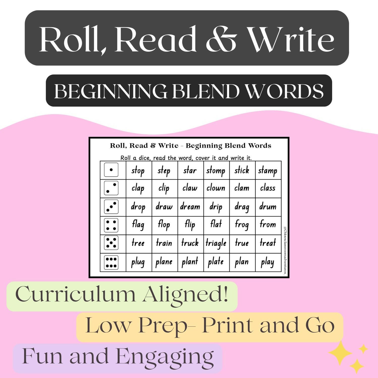 Roll, Read and Write - Beginning Blends | Literacy Based Game | Printable |