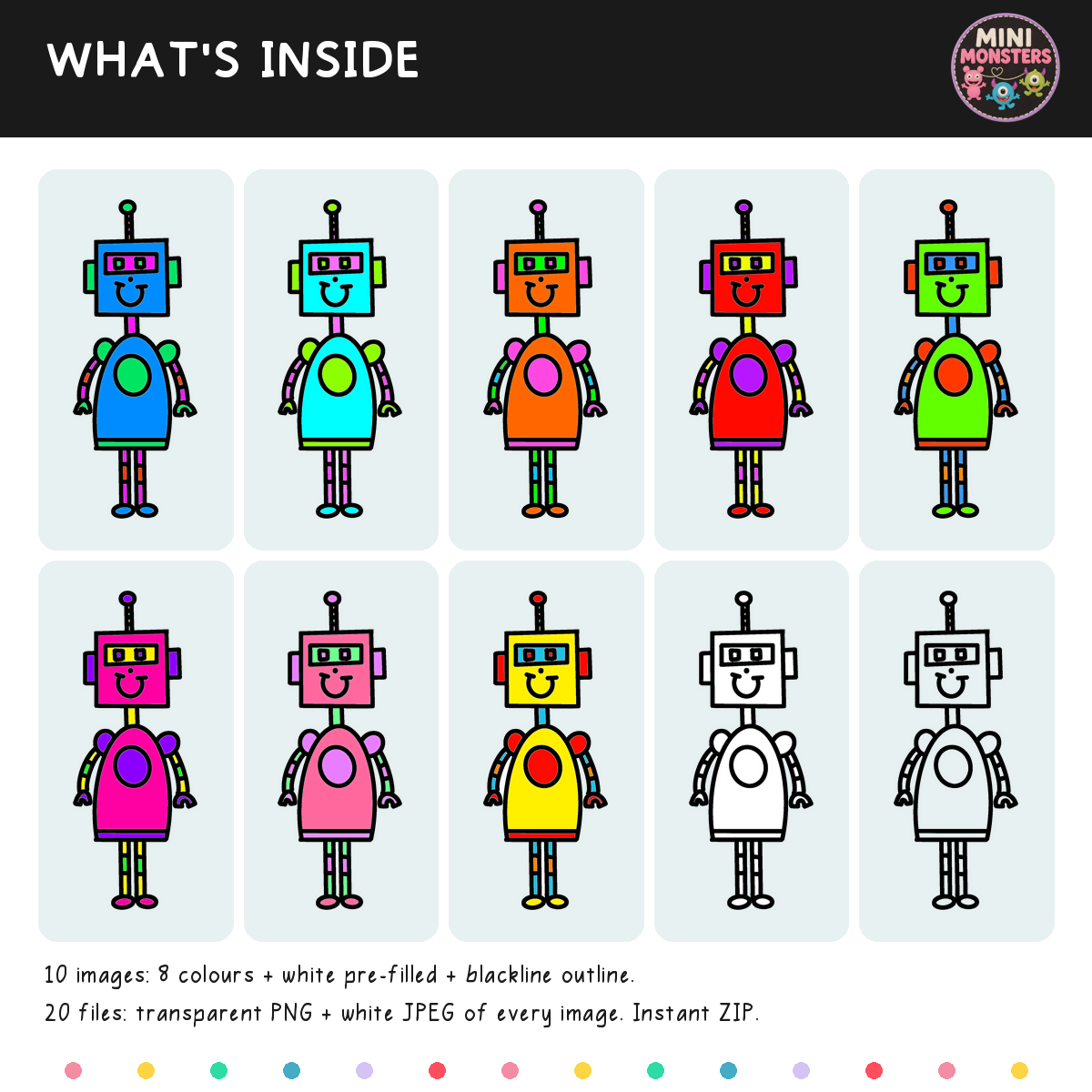 Robots Clipart Set 1 | 10 Designs 20 Files | Colour and Blackline | Hand Drawn | Commercial Use