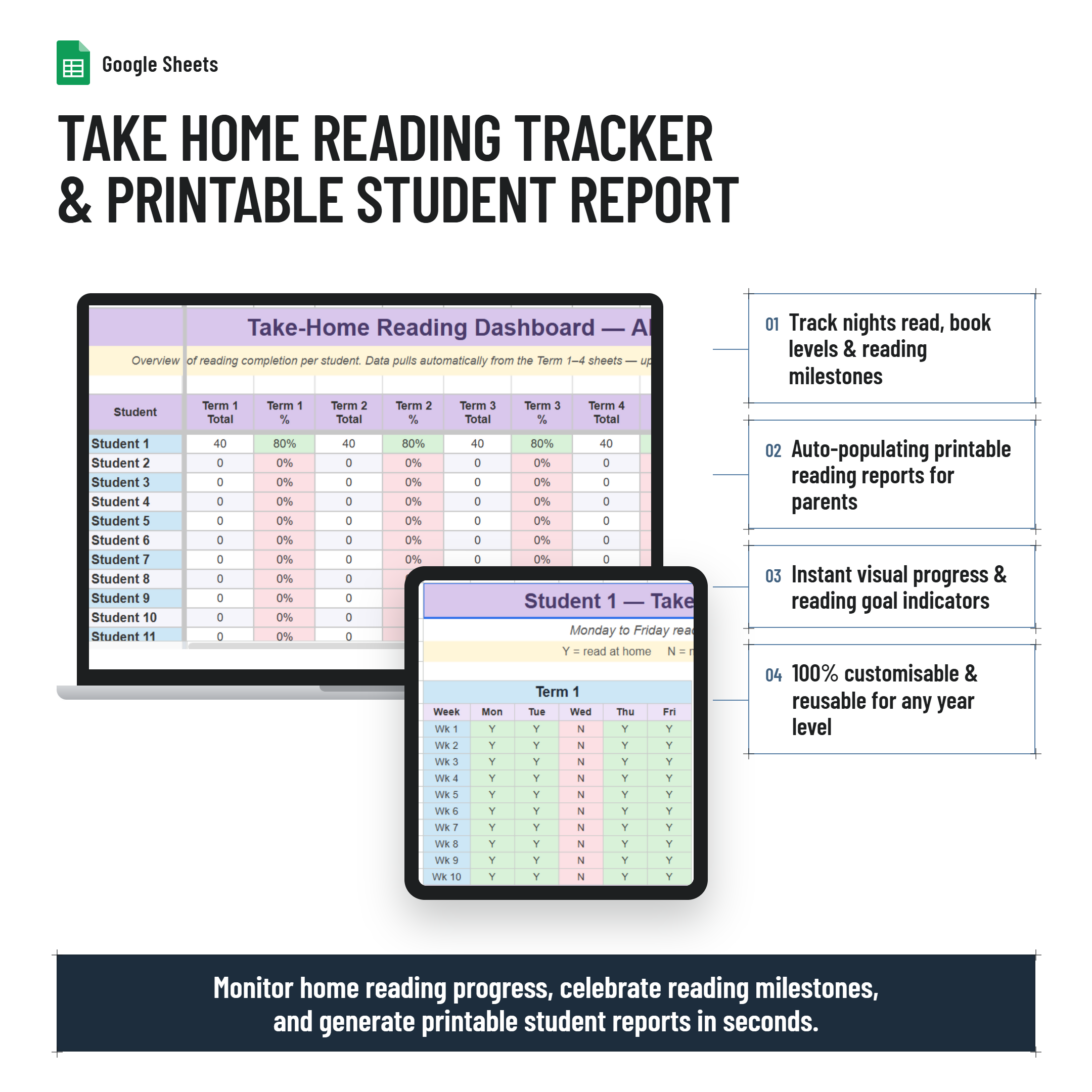 Take Home Reading Monitoring Tracker and Printable Report| Google Sheets