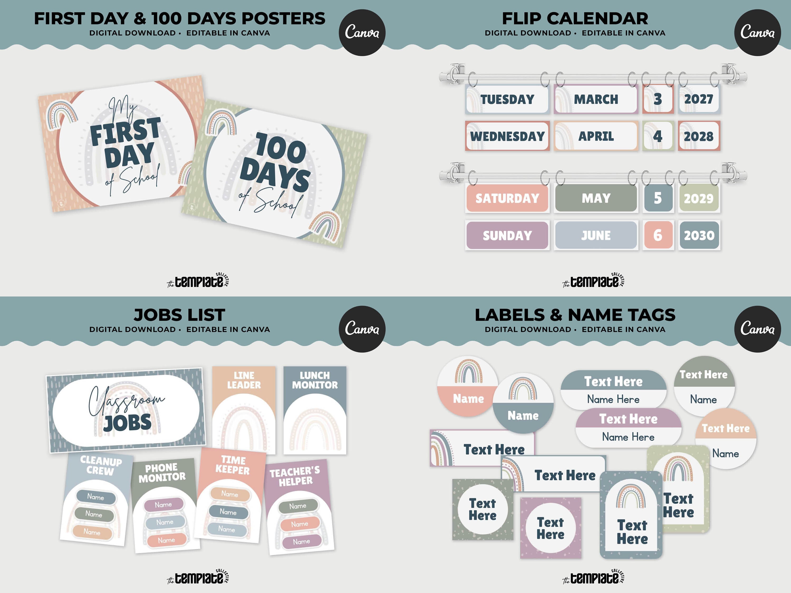 Hushed Horizons Classroom Decor Bundle • Pastel Boho Rainbow Theme • Bulletin Board Decor • Teacher Resources • Editable & Printable