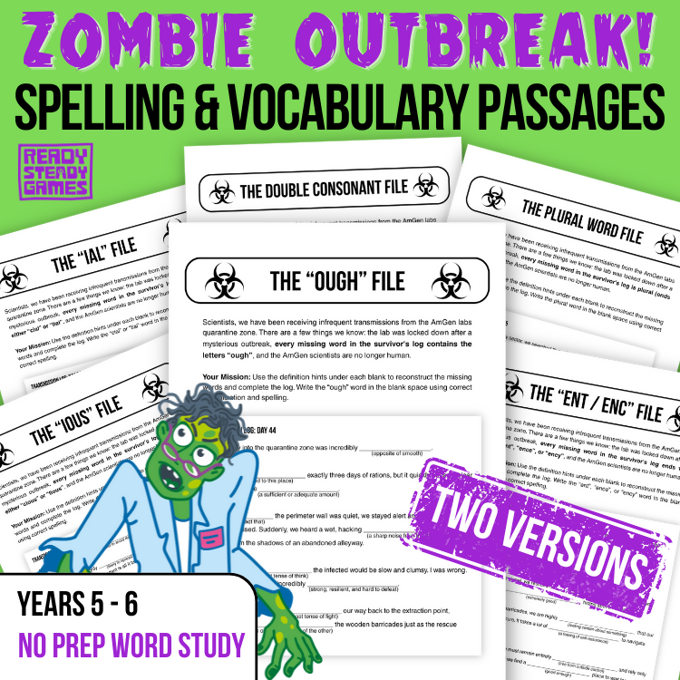 Zombie Outbreak! Spelling and Vocabulary Cloze Passages | 2 Versions | Years 5–6