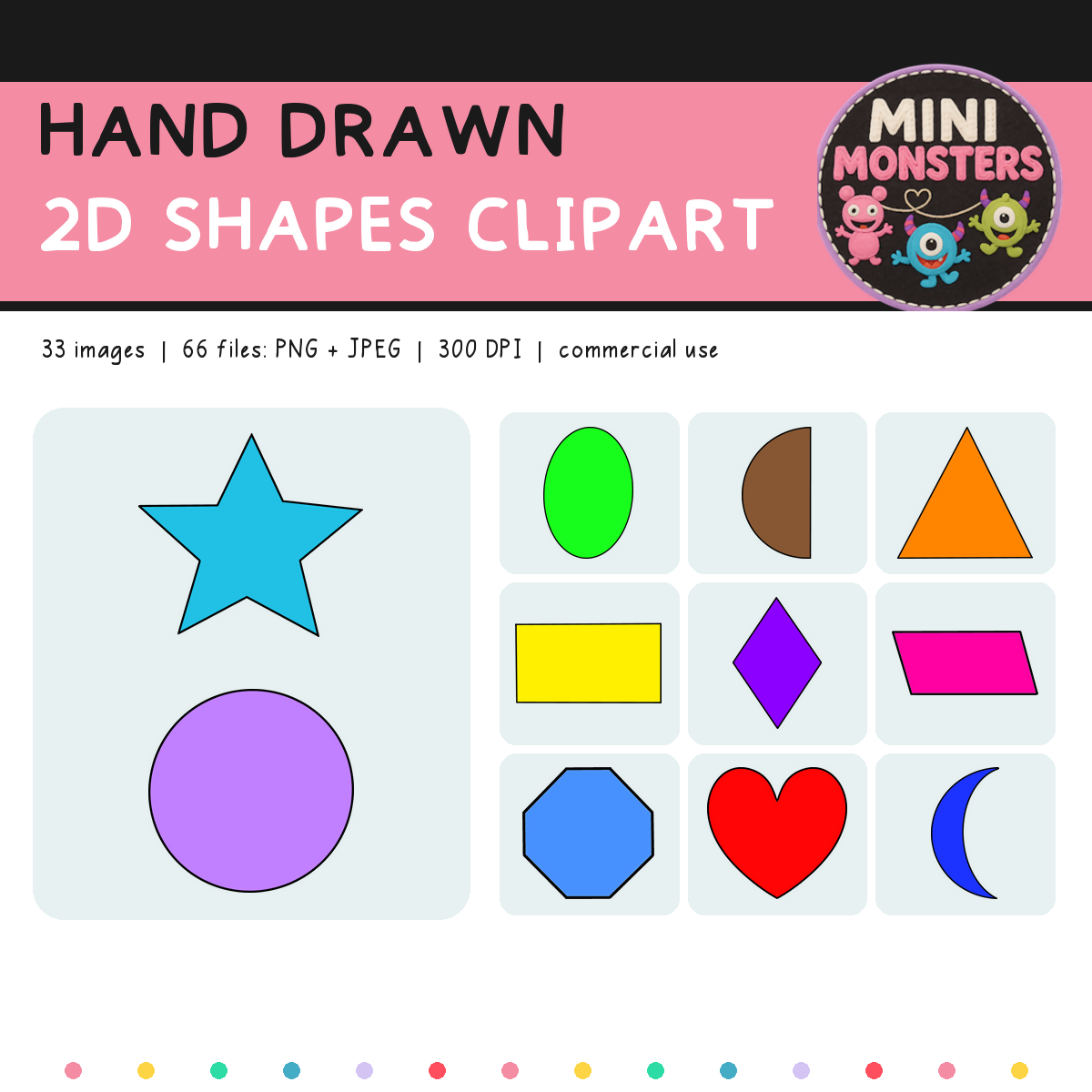 2D Shapes Clipart Set 1 | 33 Designs 66 Files | Colour White and Blackline | Hand Drawn | Commercial Use