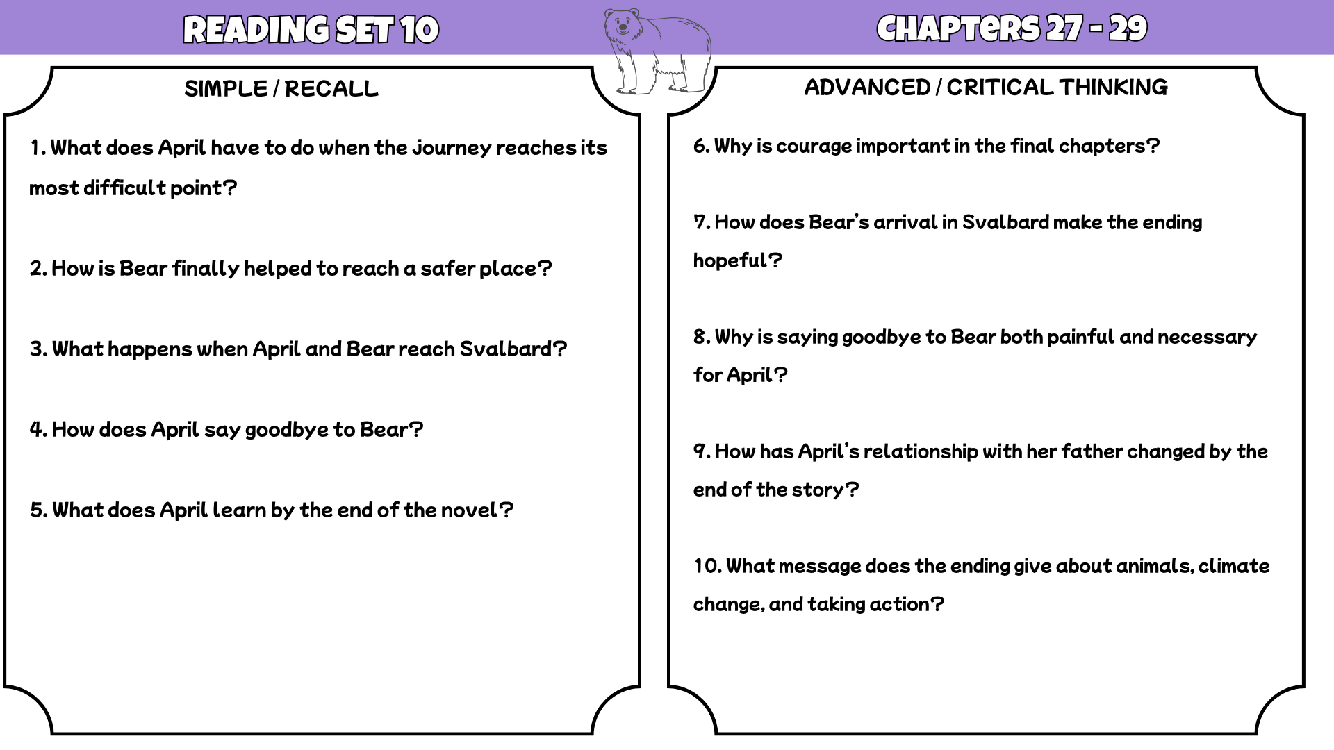 The Last Bear Comprehension Questions and Answer Key PDF | Hannah Gold Novel Worksheets for Grades 3–6