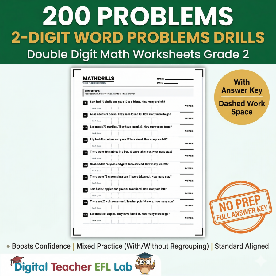 200 Problems 2-Digit Math Word Problems | Addition & Subtraction Story Problems