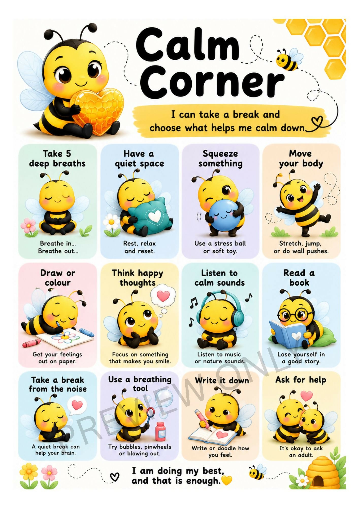 OT Designed - Adorable Bee Theme Calm Corner Chart - Printable