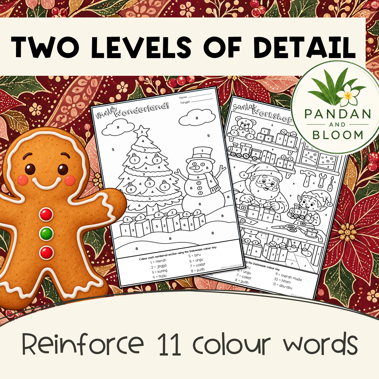 FREE Indonesian Christmas Colour by Number | Colours Vocabulary Worksheets