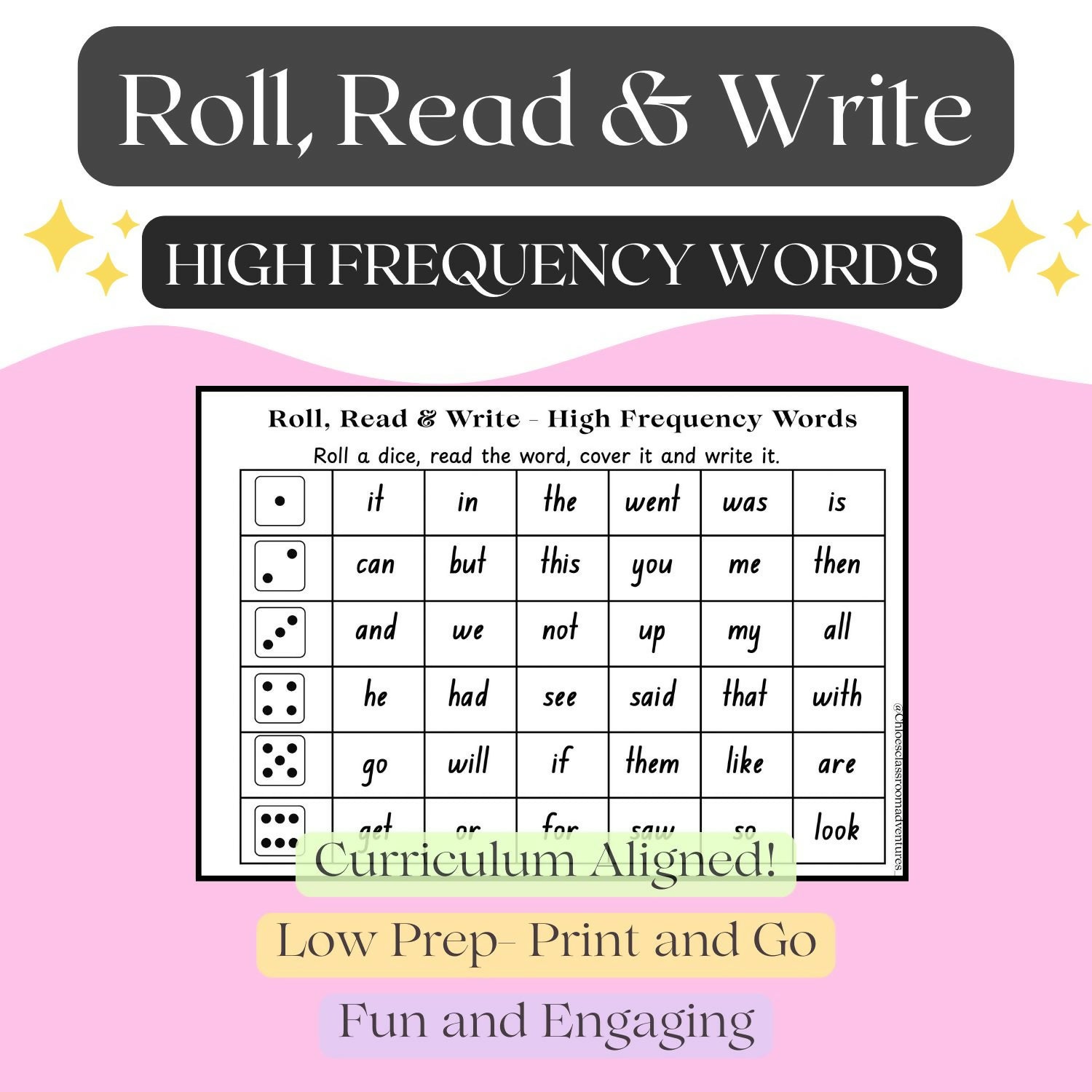 Roll, Read and Write - High Frequency/ Sight Words | Literacy Game | Printable