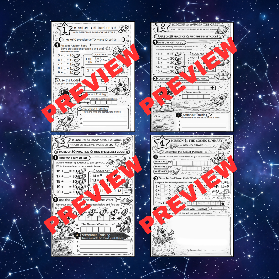 Crack the Code Addition Worksheets: Space Theme 1st & 2nd Grade