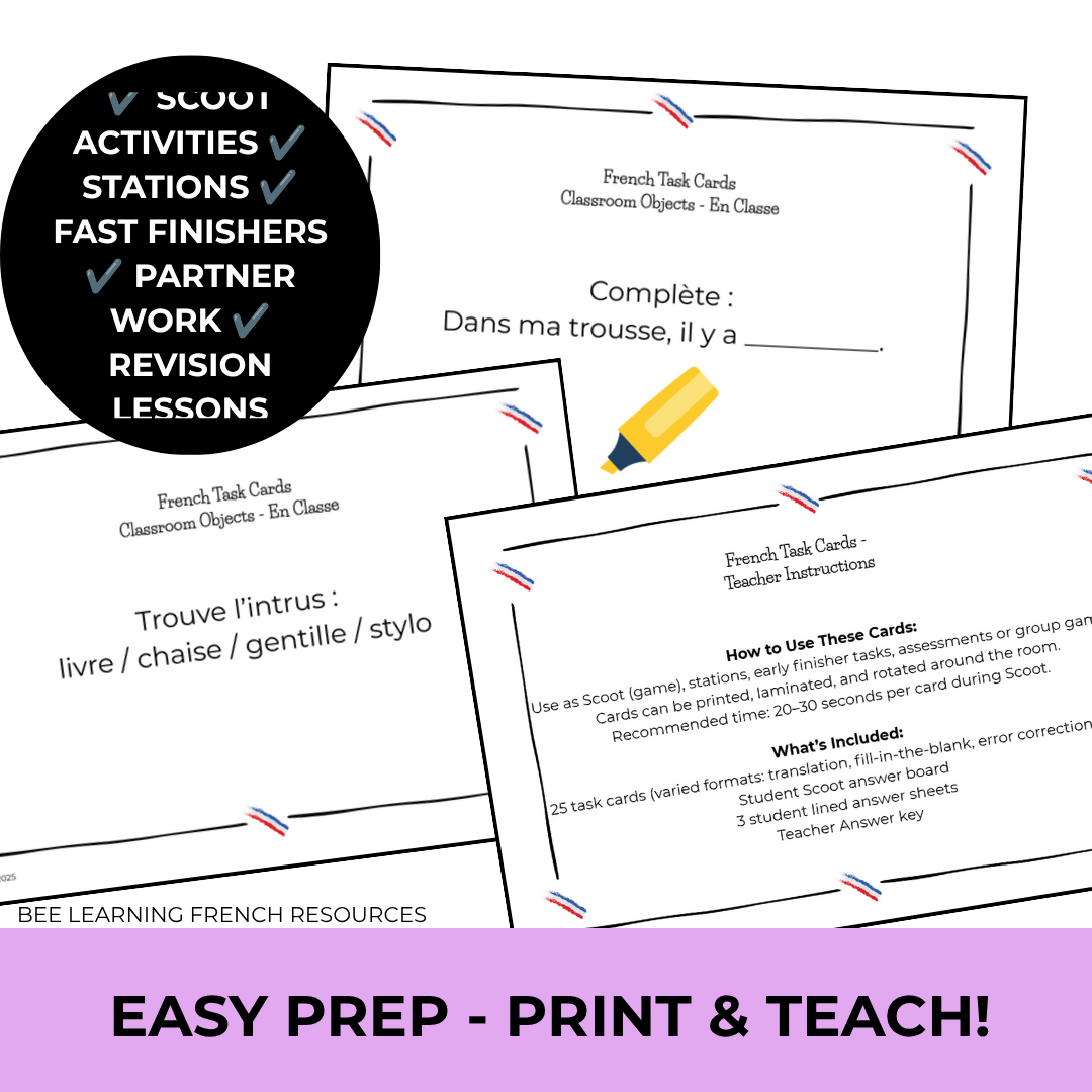 French Classroom Objects Vocabulary Activities | Task Cards & Practice | Year 7–8
