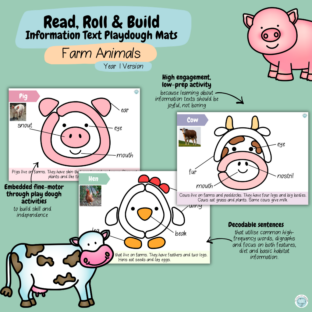 Read, Roll & Build | Year 1 Information Text Playdough Mats | Farm Animals