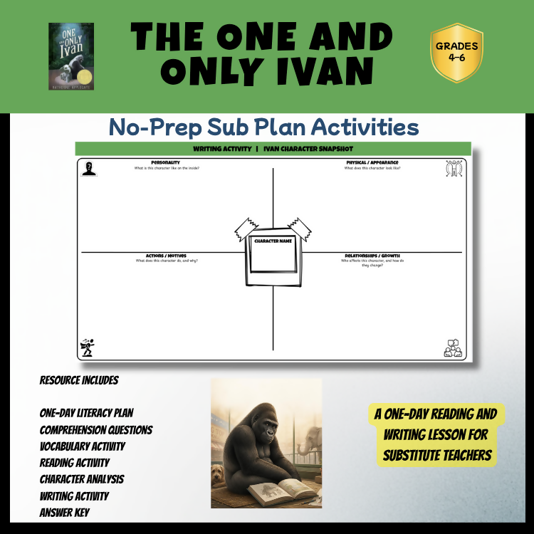 The One and Only Ivan No-Prep Sub Plan | Novel Study Literacy Activities Lesson | Years 4–6 PDF