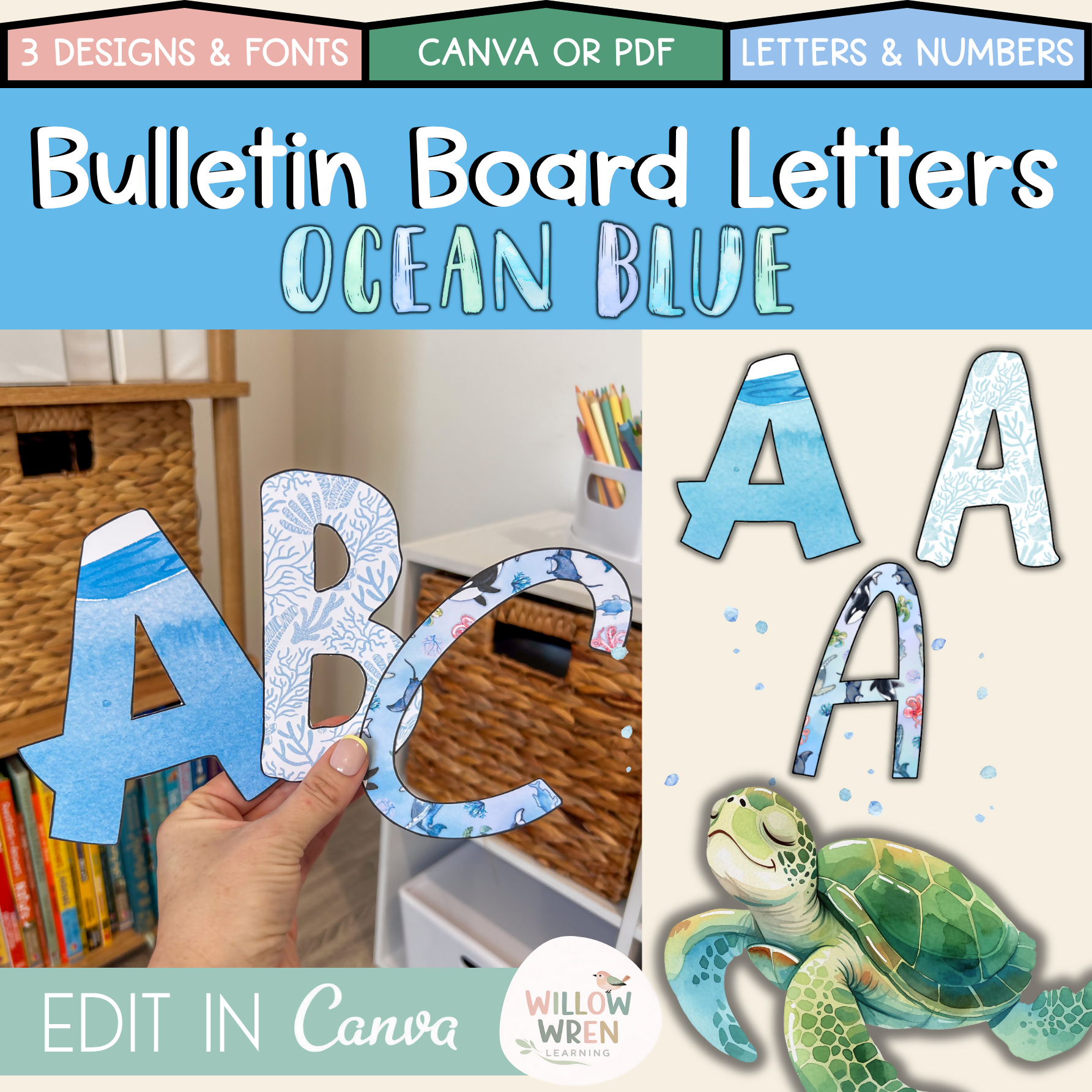 Ocean Blue Bulletin Board Letters | Editable Lettering Pack Decor Sea
