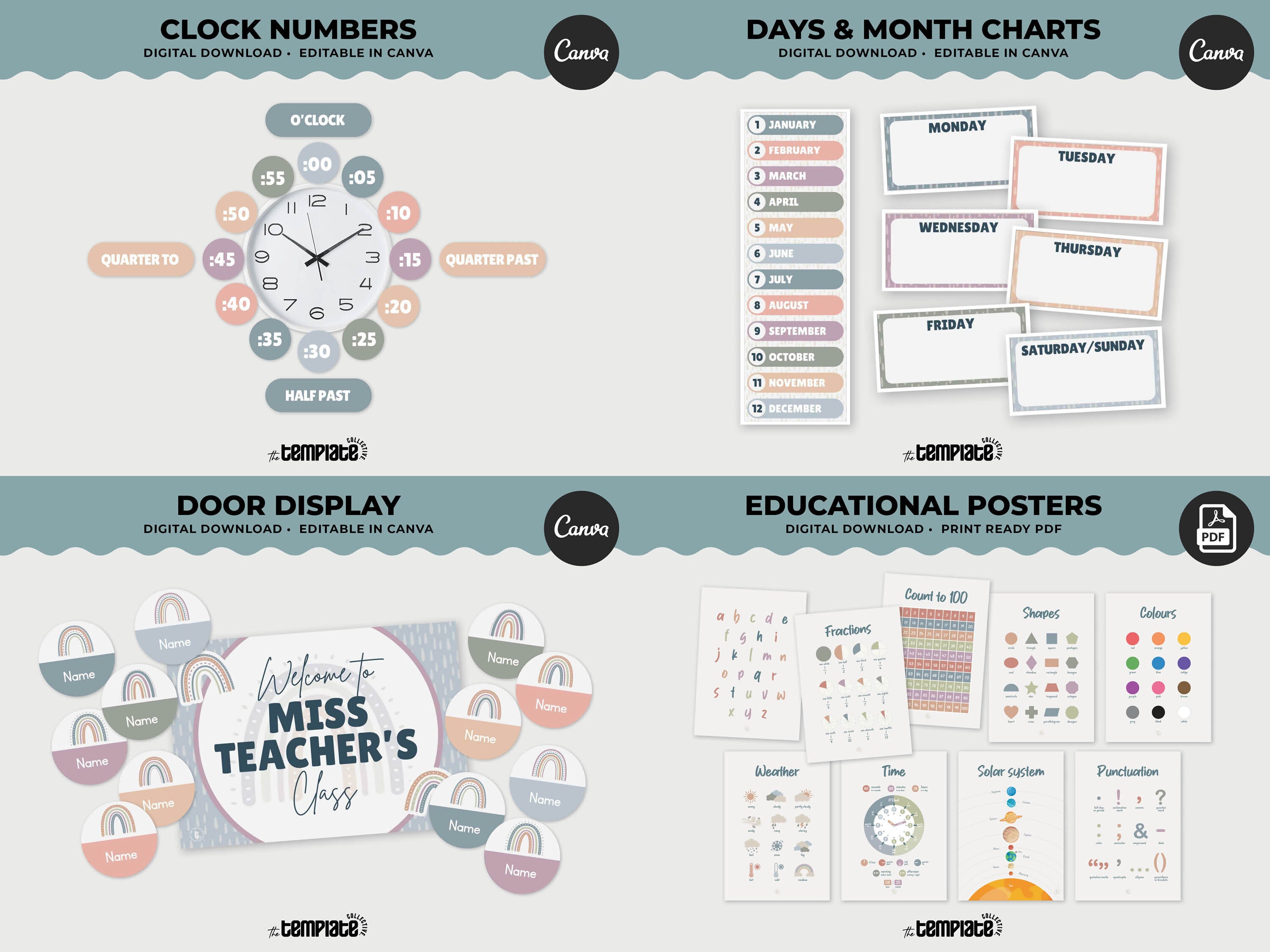 Hushed Horizons Classroom Decor Bundle • Pastel Boho Rainbow Theme • Bulletin Board Decor • Teacher Resources • Editable & Printable