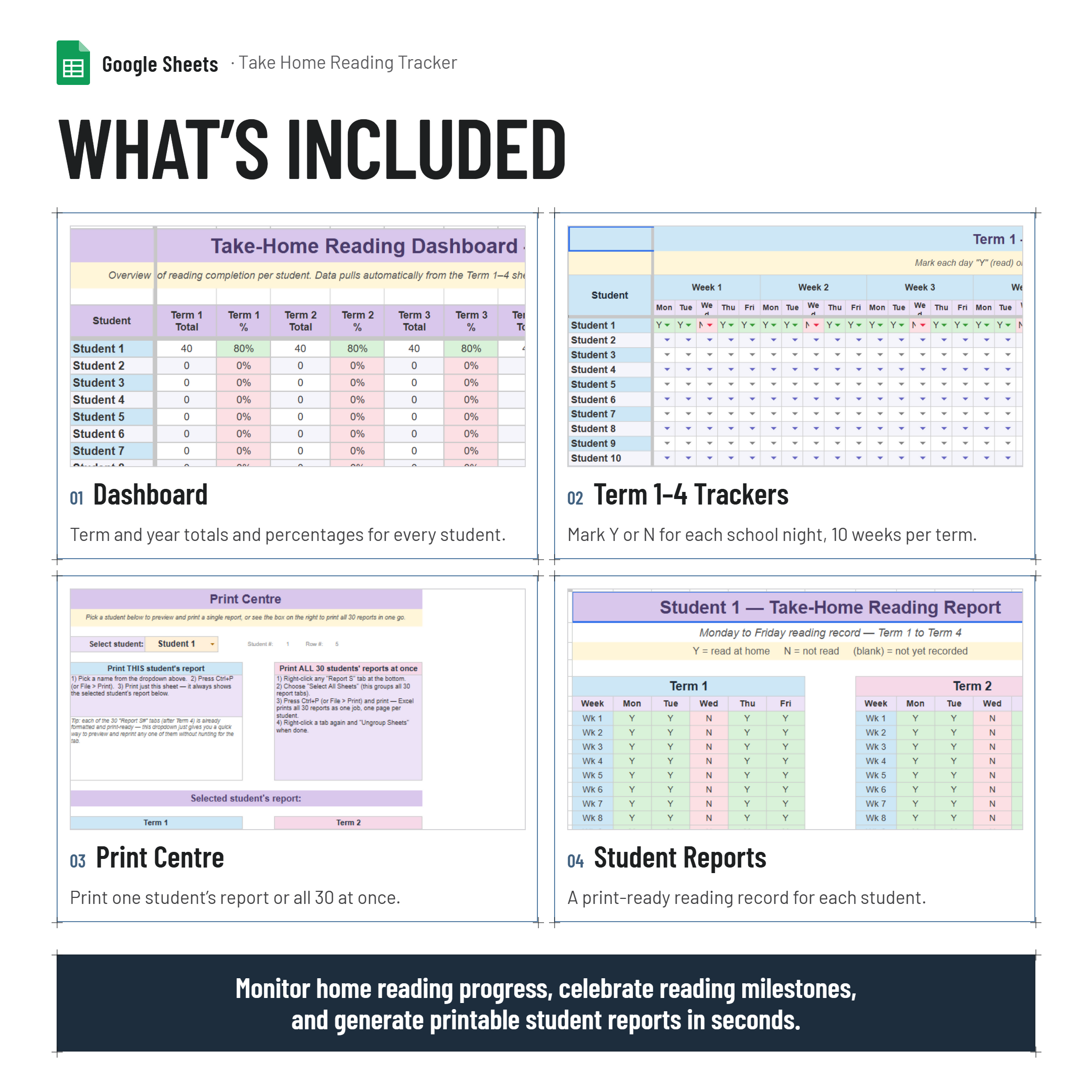 Take Home Reading Monitoring Tracker and Printable Report| Google Sheets