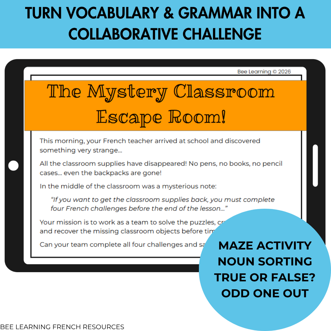 French Classroom Objects Escape Room | Gender & Plural Nouns | Year 7–8 | Print & Digital