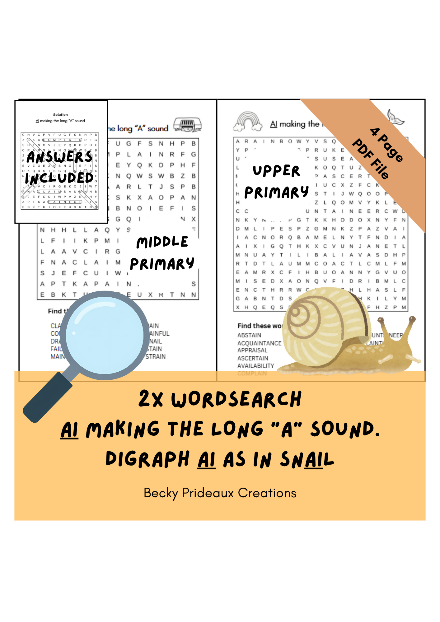 Wordsearch : Digraph AI as in Snail. AI making the long A sound.