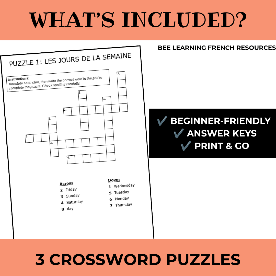 French Days & Months Vocabulary Activities | Les Jours et Les Mois Criss Cross Puzzles | Year 7–8