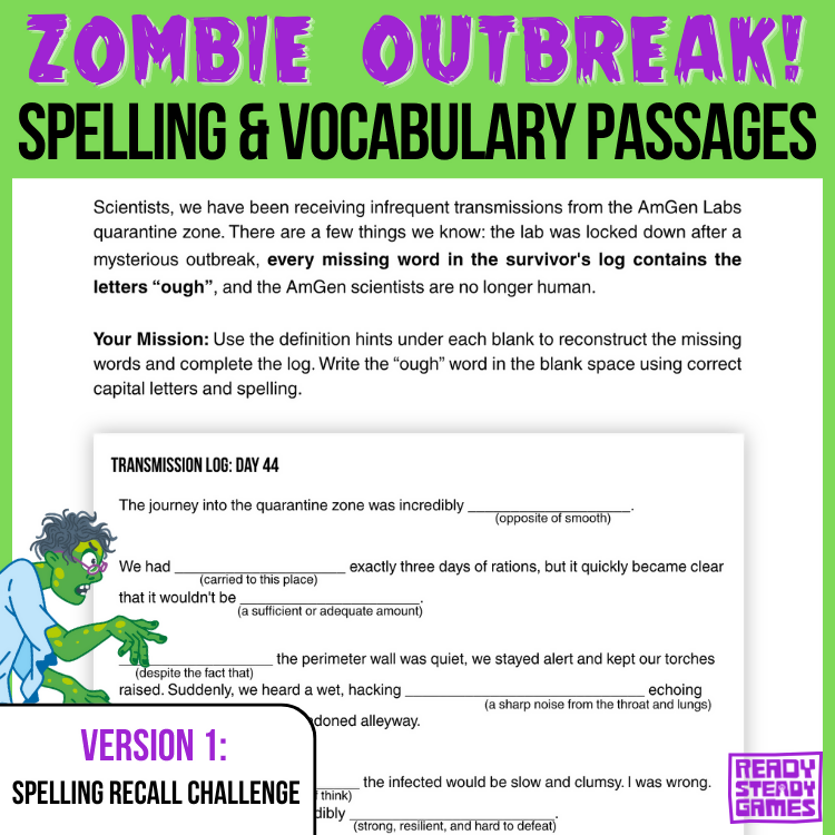 Zombie Outbreak! Spelling and Vocabulary Cloze Passages | 2 Versions | Years 5–6