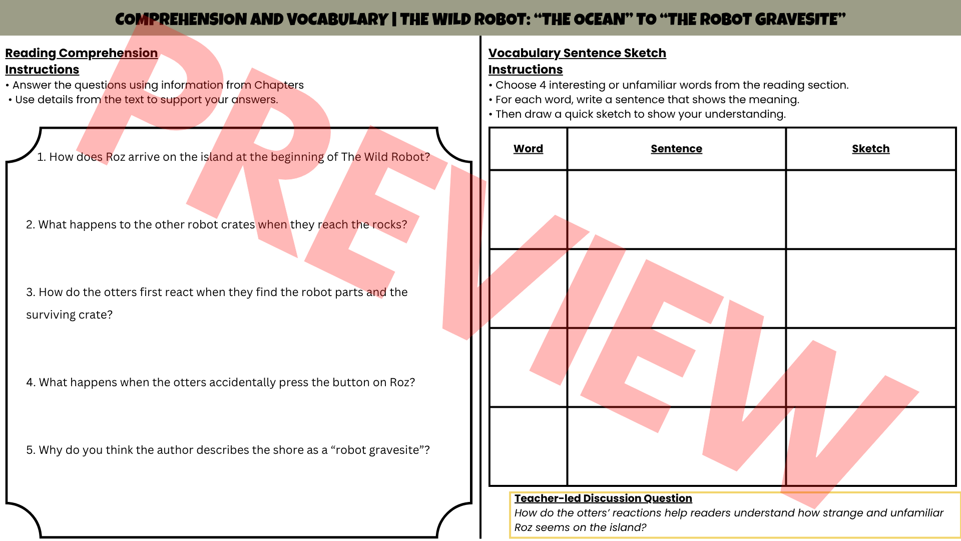 The Wild Robot No-Prep Sub Plan | Novel Study Literacy Lesson | Years 4–6 PDF