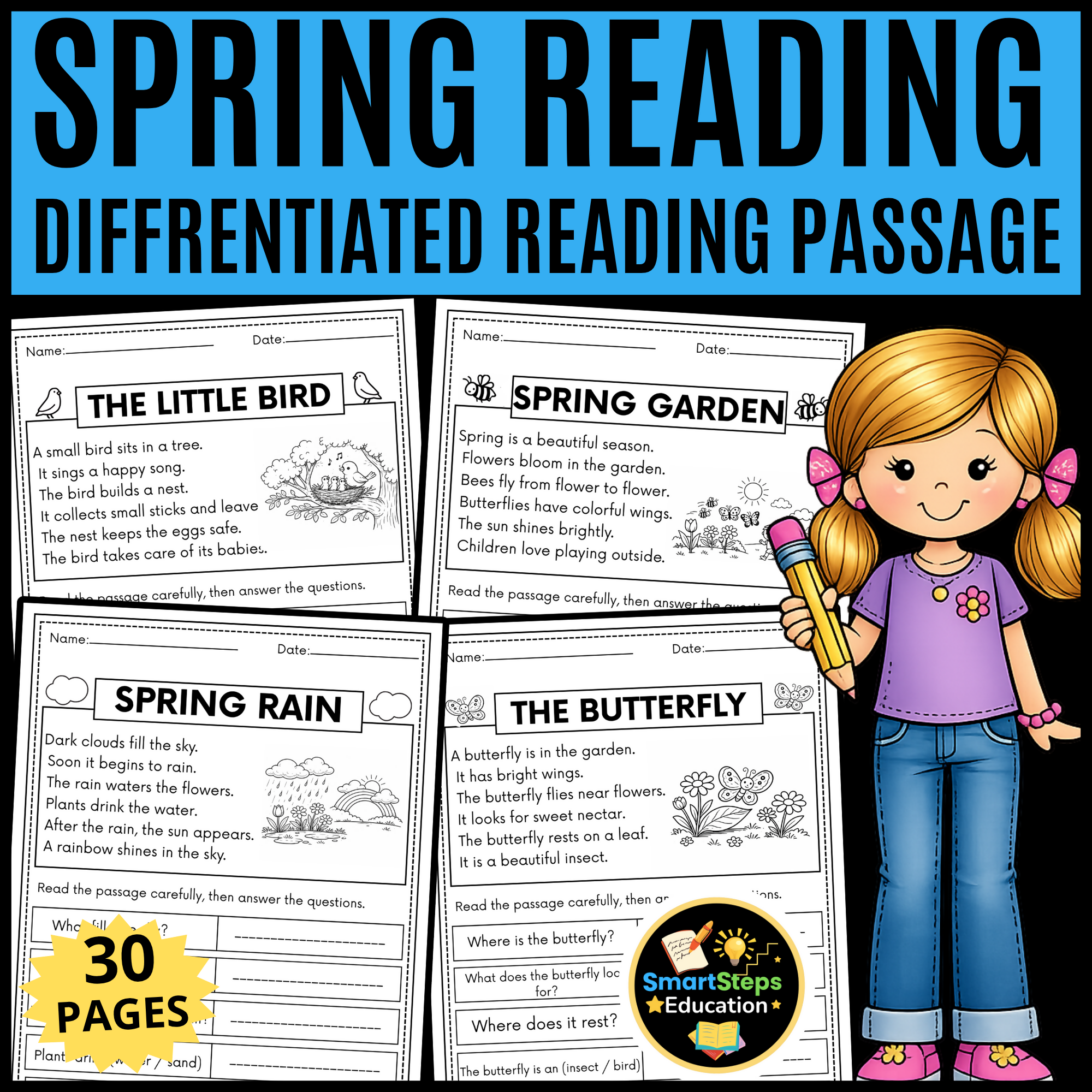 Spring Reading Comprehension Passages | Differentiated Worksheets for Kindergarten & First Grade